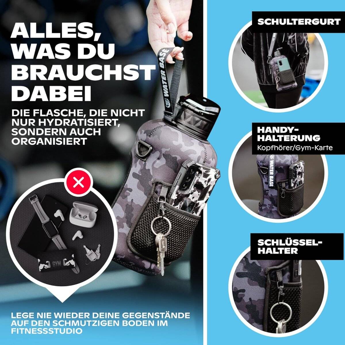 Water Base 2,2 l Trinkflasche mit Neoprenhülle, Seitentaschen, Schultergurt und zwei Deckeln Schwarz