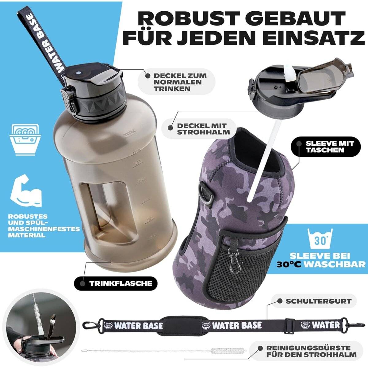Water Base 2,2 l Trinkflasche mit Neoprenhülle, Seitentaschen, Schultergurt und zwei Deckeln Schwarz
