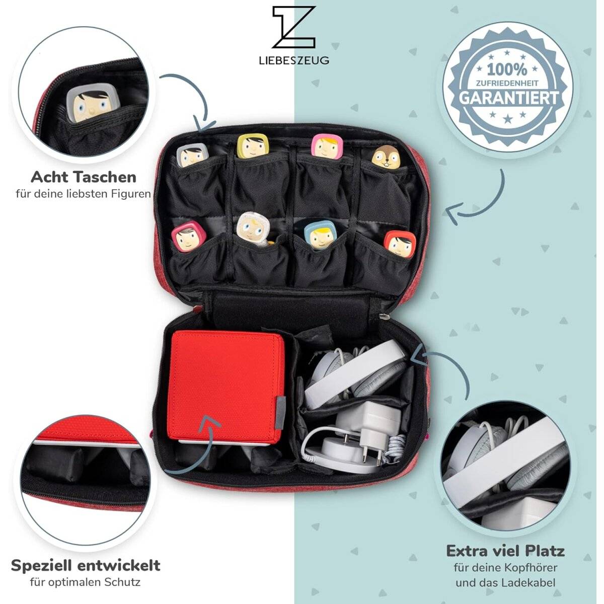 Liebeszeug Tasche kompatibel mit Toniebox Tragetasche mit Platz für 8 Hörfiguren, Kopfhörer, Ladegerät und Zubehör