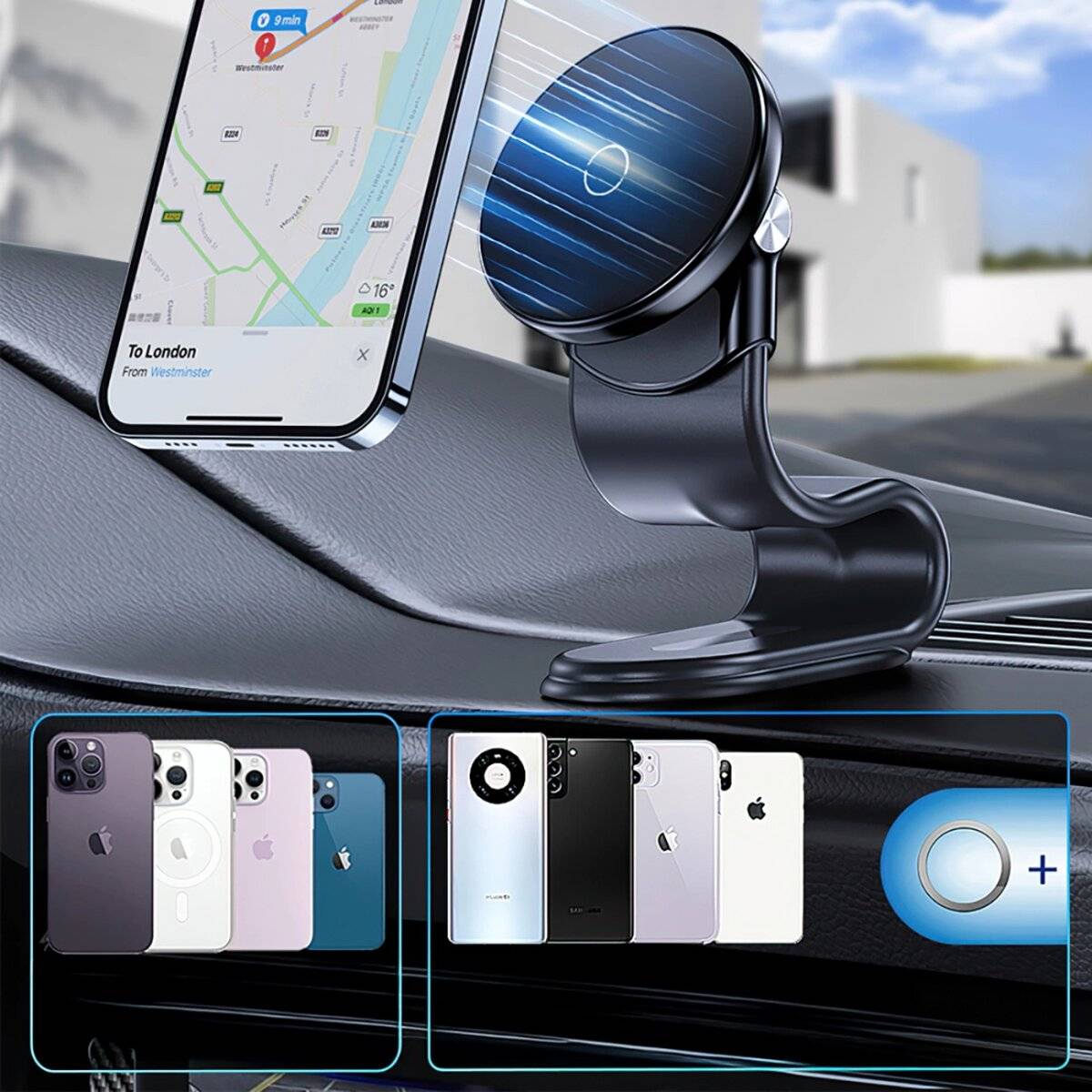 Wozinsky WCZ2Y2S Magnetische Autohalterung mit 15 W MagSafe Ladegerät – Schwarz
