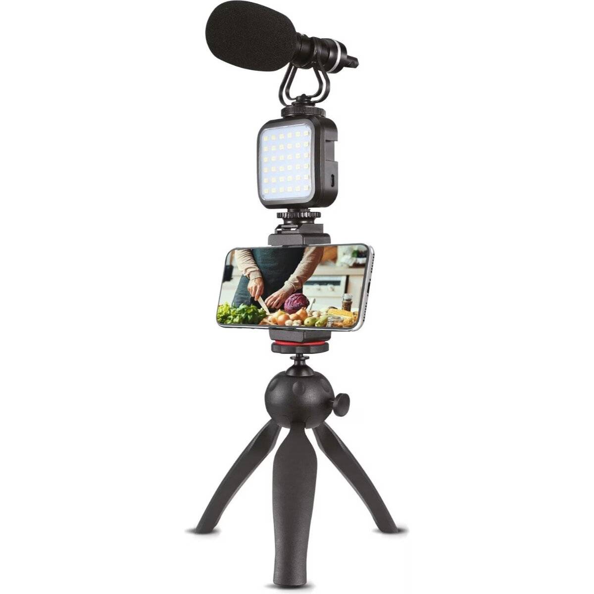 Xqisit Vlogging Kit – Smartphone Stativ mit LED-Licht & Mikrofon