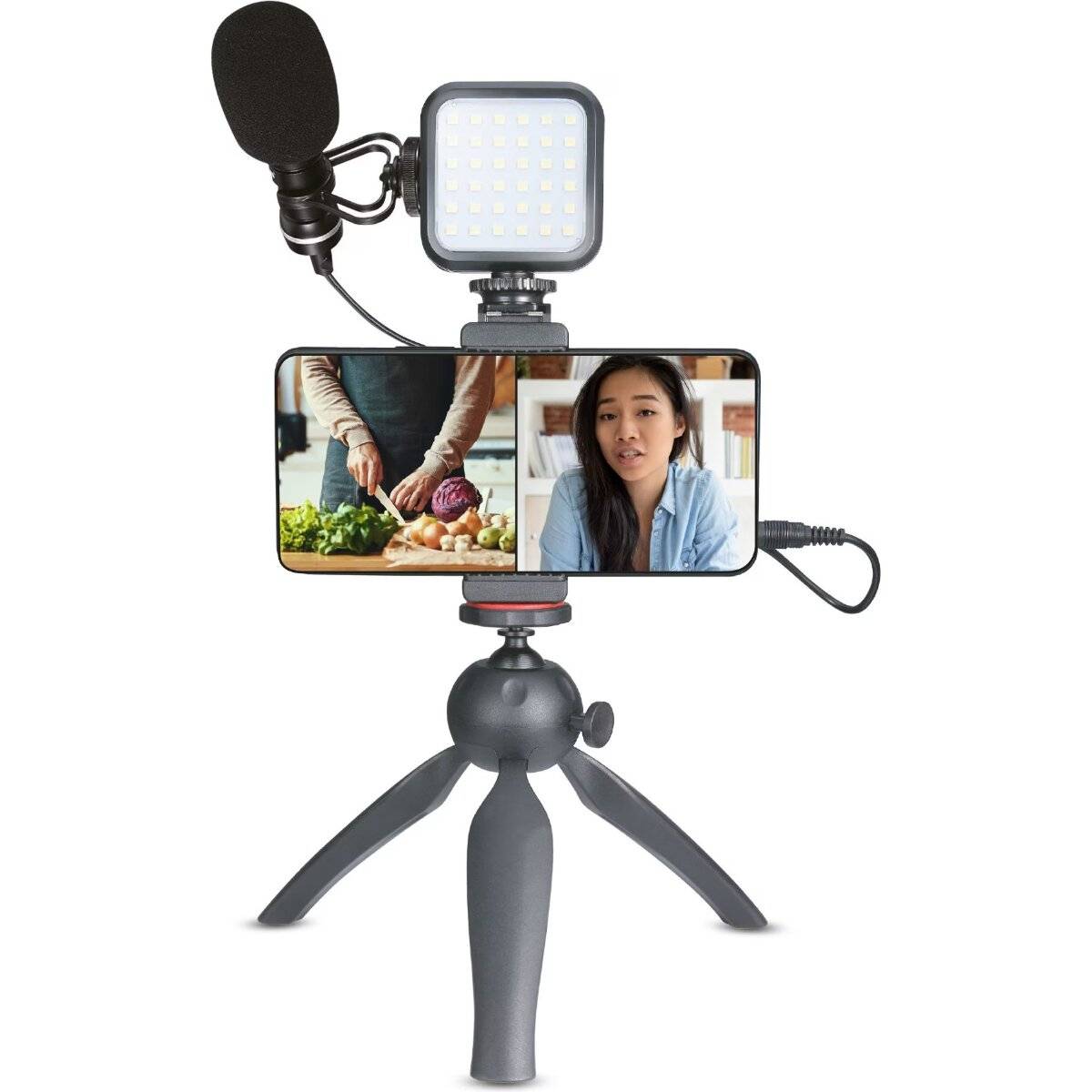 Xqisit Vlogging Kit – Smartphone Stativ mit LED-Licht & Mikrofon