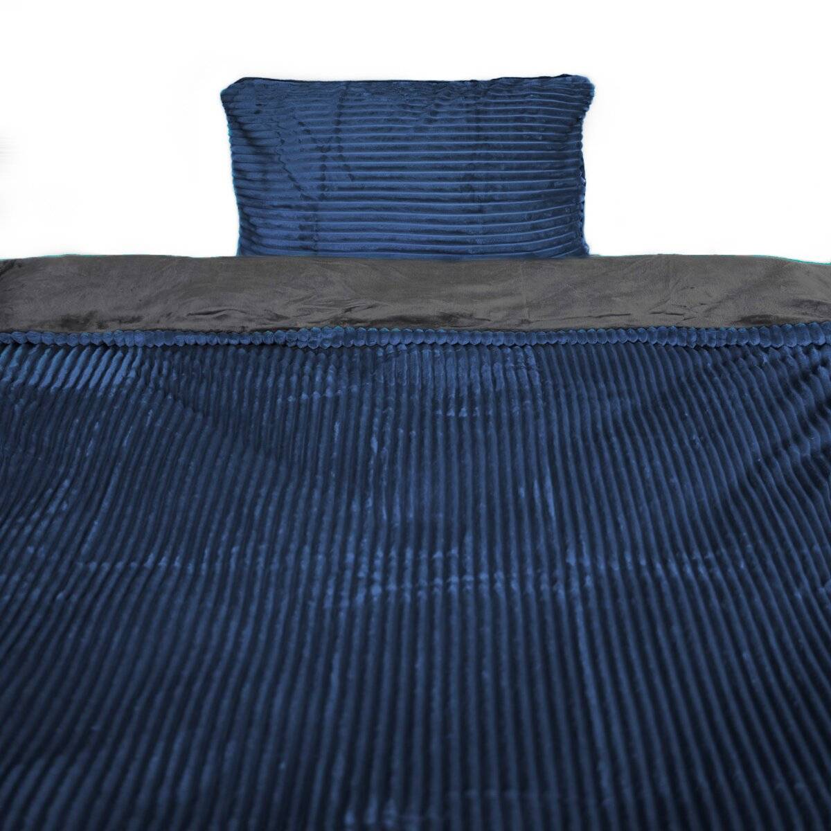 Plüsch Bettwäsche in Cord-Optik Wendebettwäsche mit Reißverschluss Anthrazit-Dunkelblau 155x200 cm