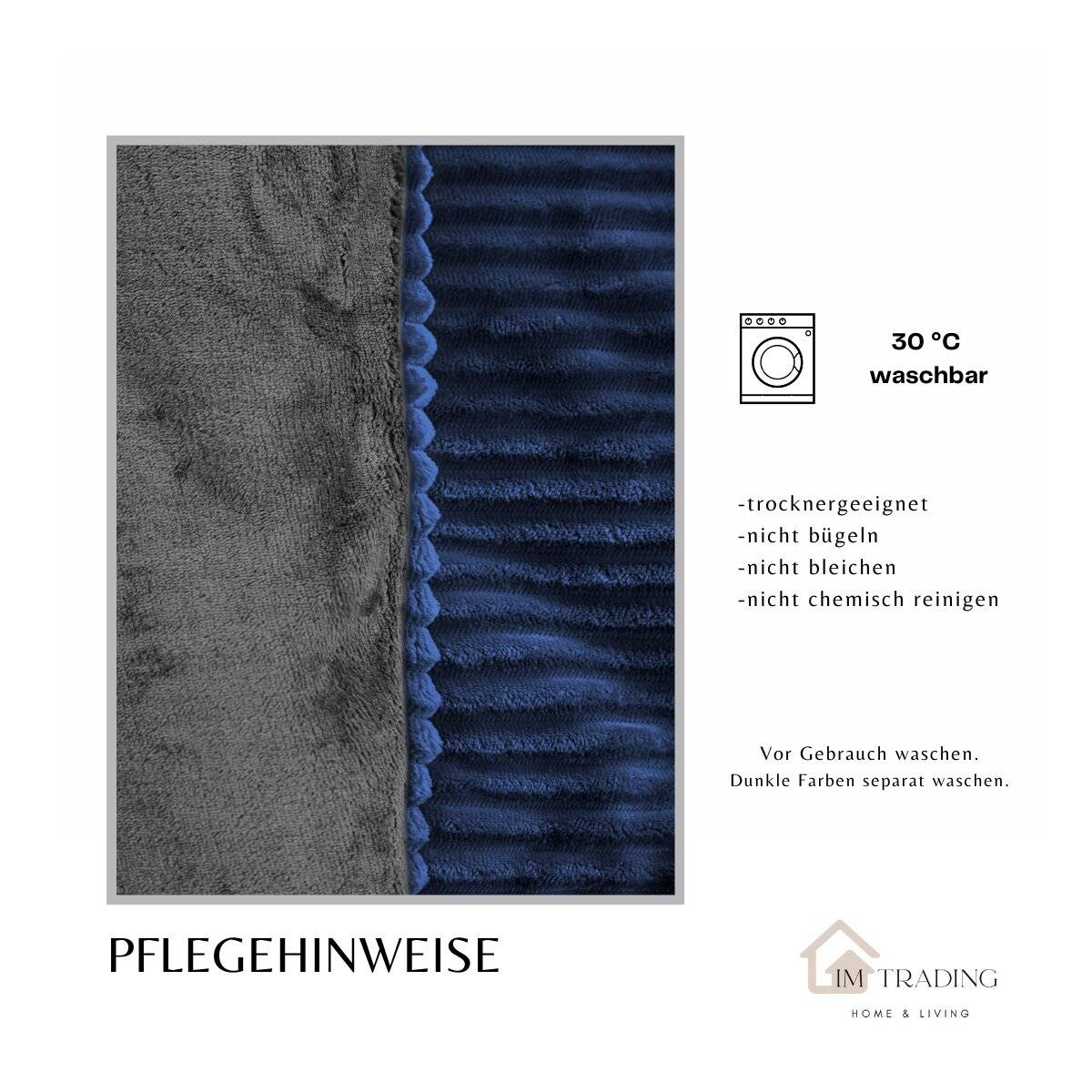 Plüsch Bettwäsche in Cord-Optik Wendebettwäsche mit Reißverschluss Anthrazit-Dunkelblau 155x200 cm