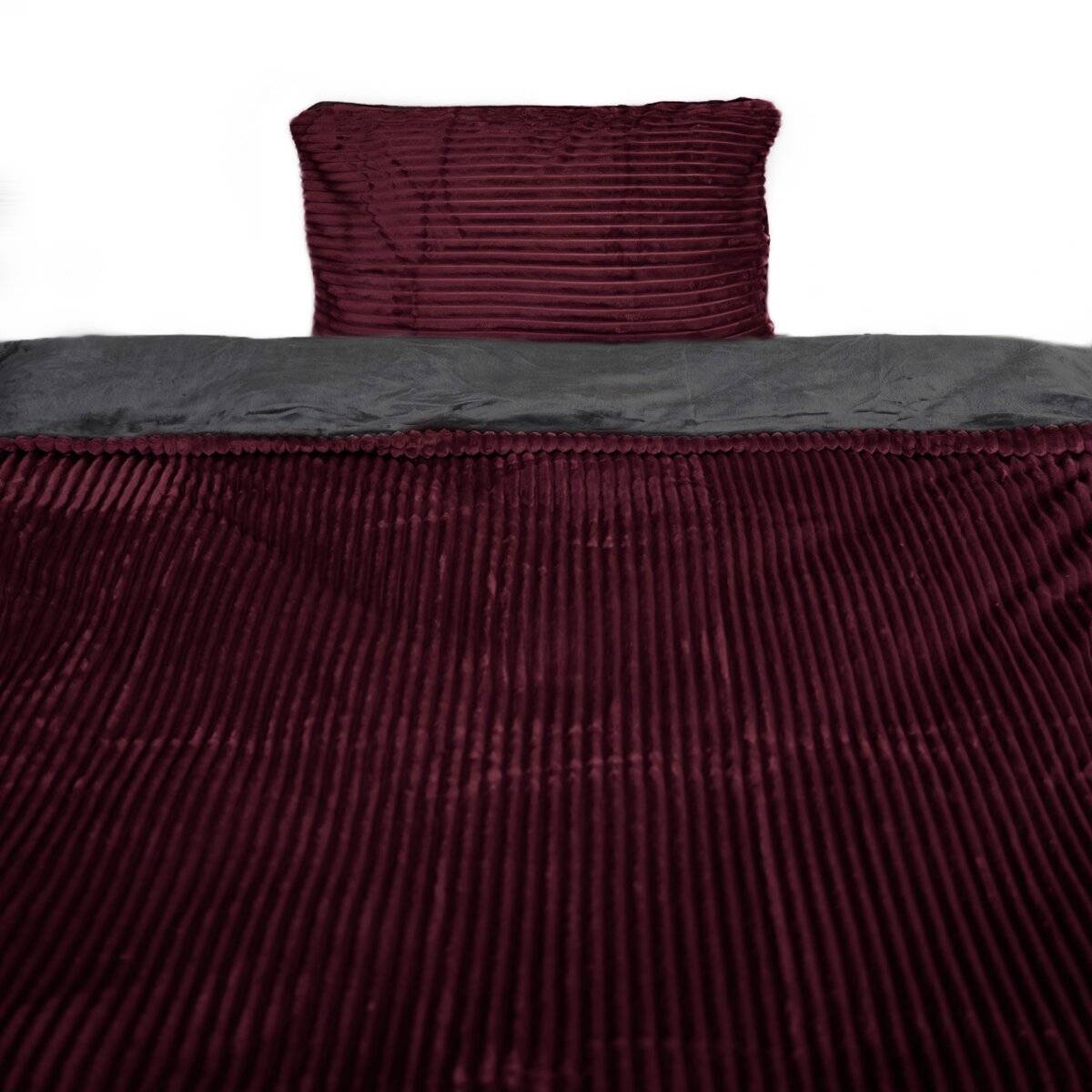 Plüsch Bettwäsche in Cord-Optik Wendebettwäsche mit Reißverschluss Anthrazit-Bordeaux 155x200 cm