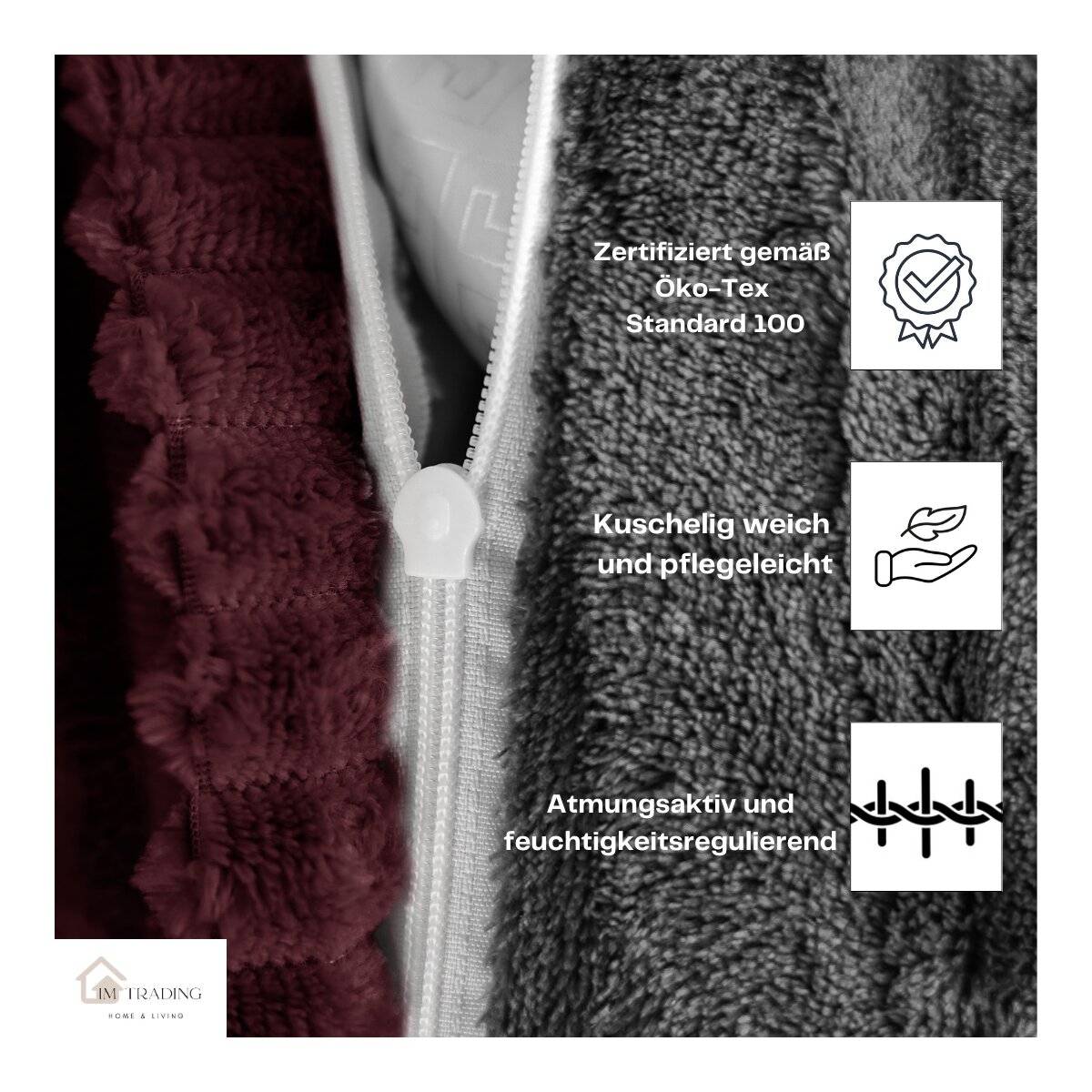 Plüsch Bettwäsche in Cord-Optik Wendebettwäsche mit Reißverschluss Anthrazit-Bordeaux 155x200 cm