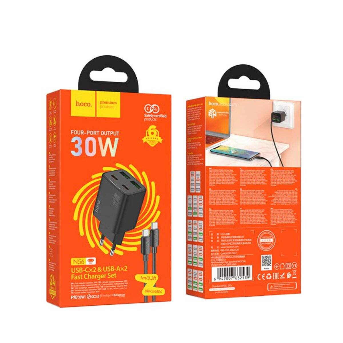 HOCO Netz-Ladegerät N56 30W mit 2× USB-C + 2× USB-A und 1 m USB-C Kabel