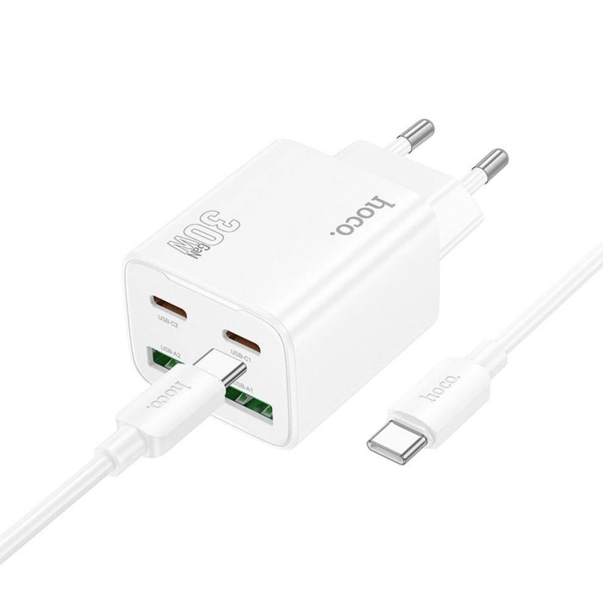 HOCO Netz-Ladegerät N56 30W Weiß mit 2× USB-C + 2× USB-A und 1 m USB-C Kabel