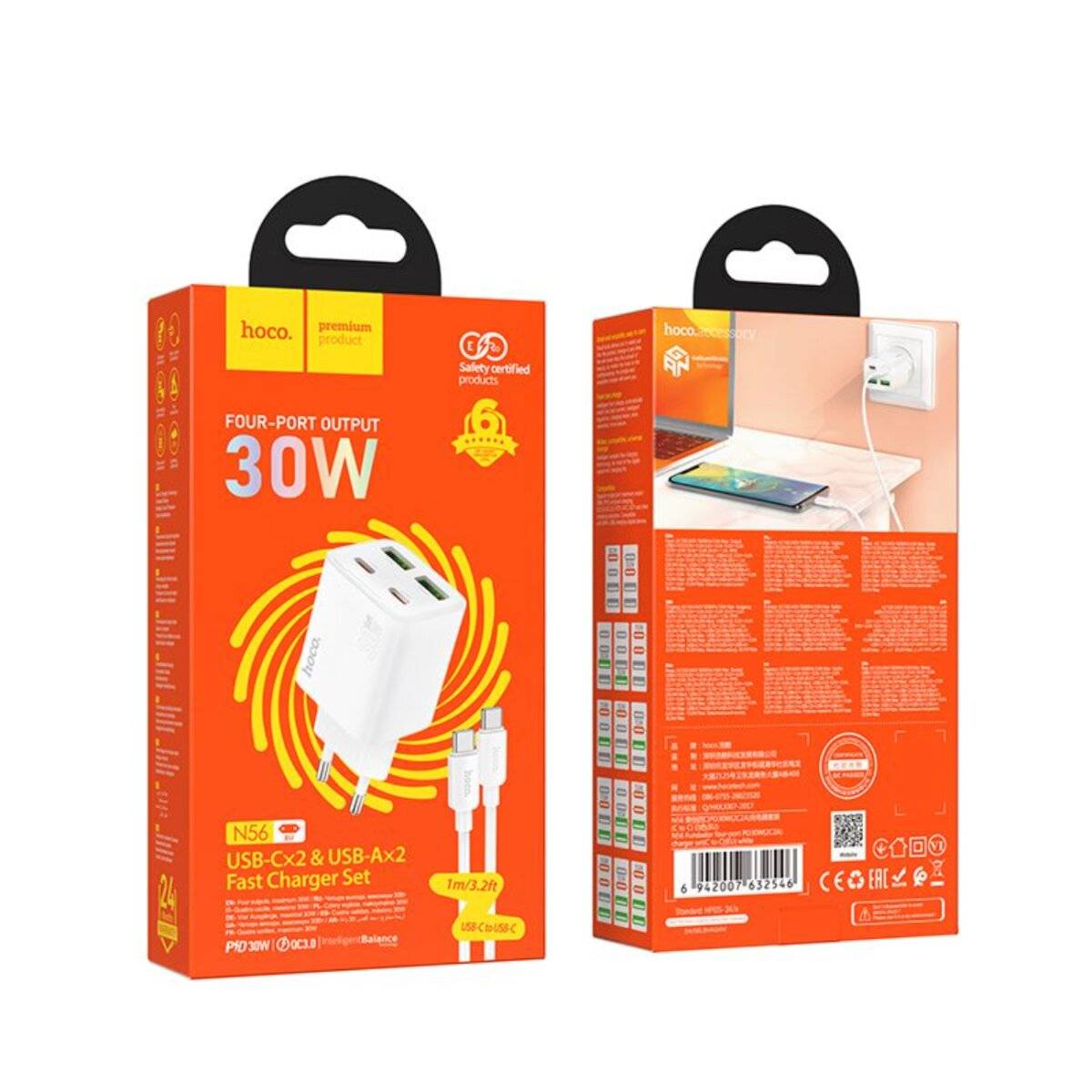 HOCO Netz-Ladegerät N56 30W Weiß mit 2× USB-C + 2× USB-A und 1 m USB-C Kabel