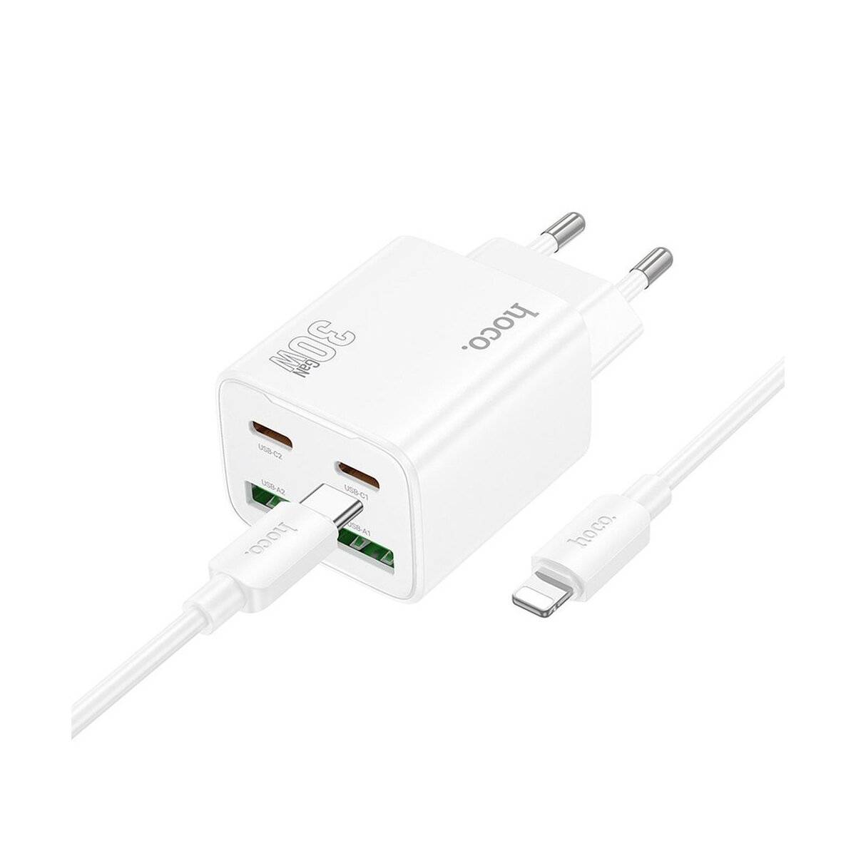HOCO Netz-Ladegerät N56 30W Weiß mit 2× USB-C + 2× USB-A und 1 m USB-C-auf-iPhone-Kabel