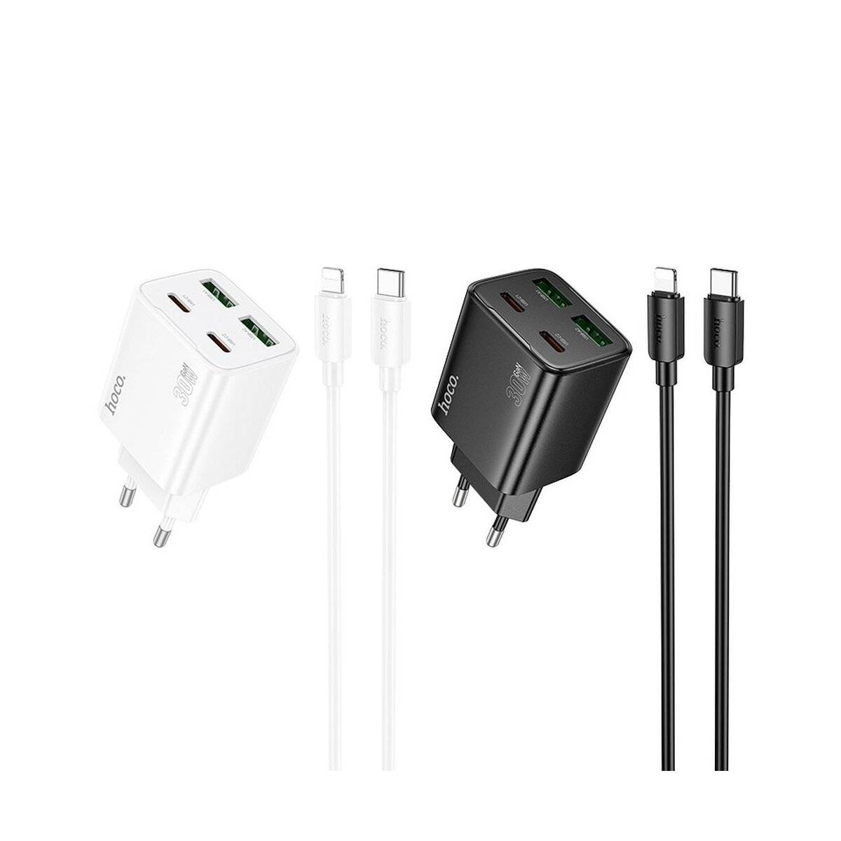 HOCO Netz-Ladegerät N56 30W Weiß mit 2× USB-C + 2× USB-A und 1 m USB-C-auf-iPhone-Kabel