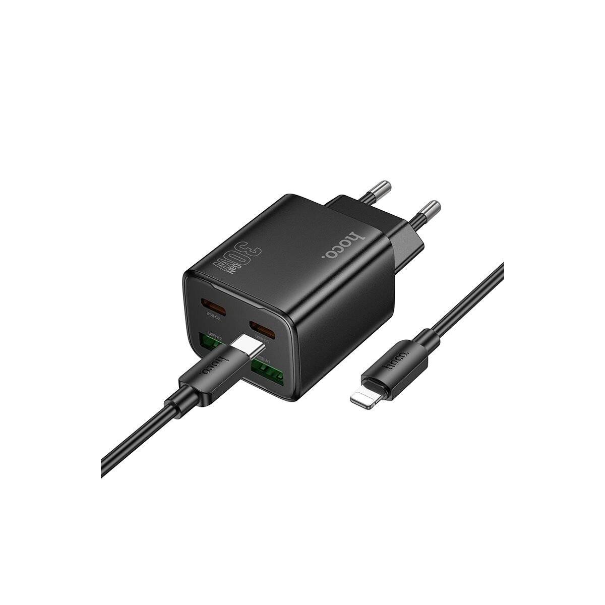 HOCO Netz-Ladegerät N56 30W Schwarz mit 2× USB-C + 2× USB-A und 1 m USB-C-auf-iPhone-Kabel