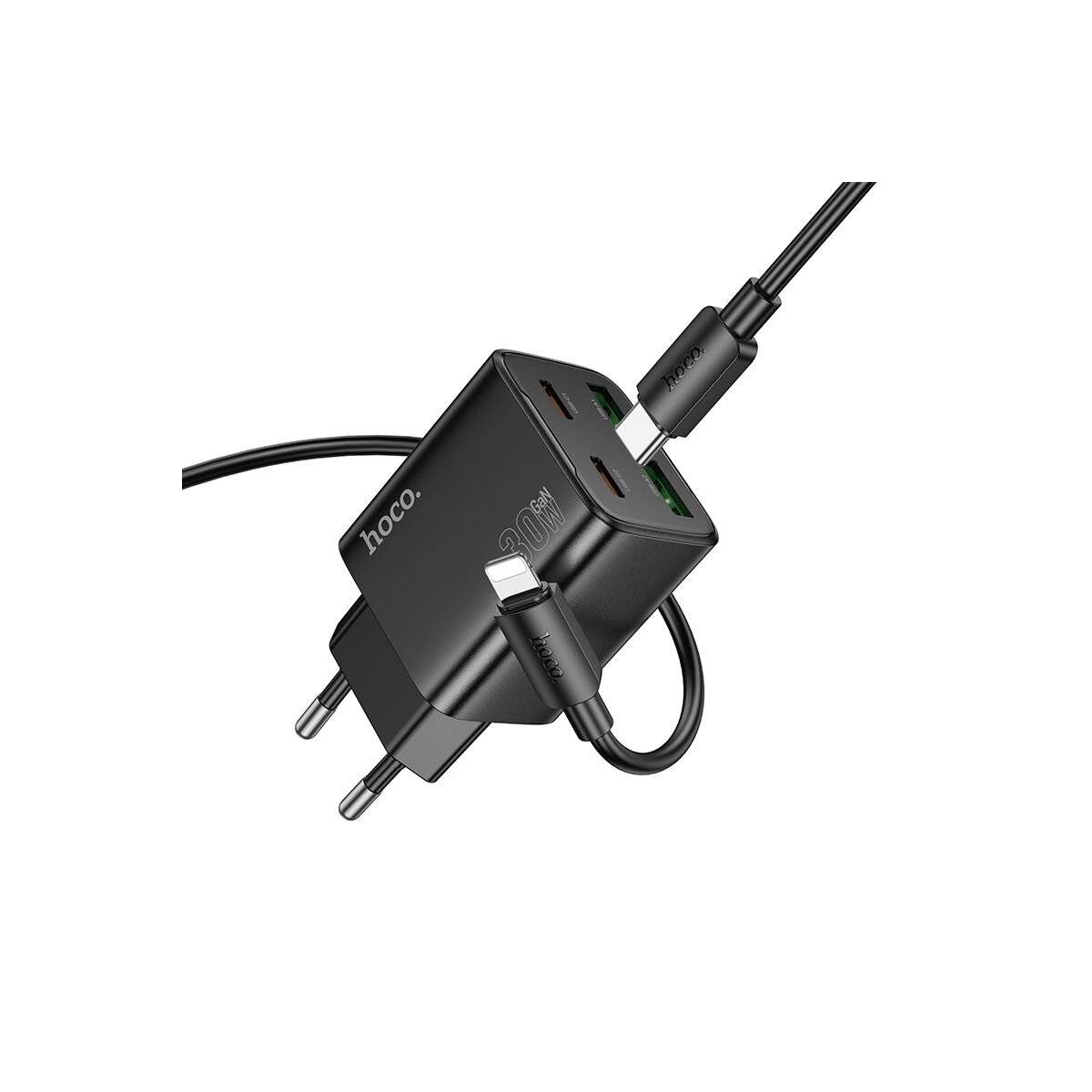 HOCO Netz-Ladegerät N56 30W Schwarz mit 2× USB-C + 2× USB-A und 1 m USB-C-auf-iPhone-Kabel