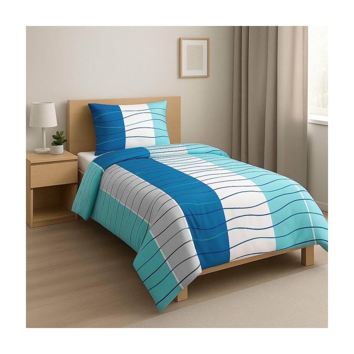 Mikrofaser-Bettwäsche mit Reißverschluss - Einzelbettwäsche mit Wellenmotiv 135 x 200 cm