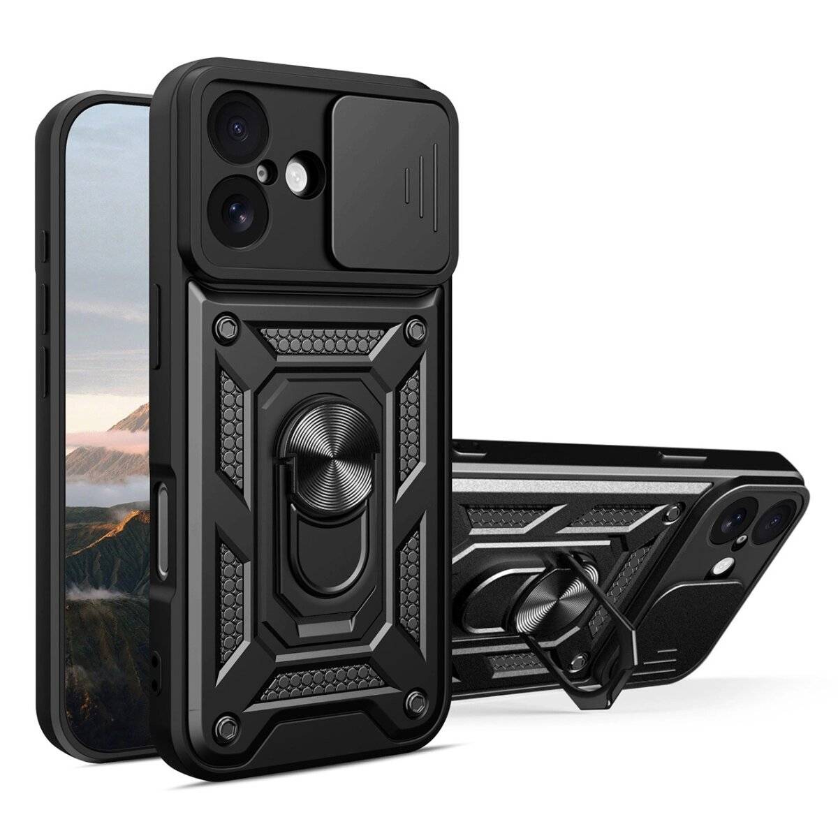Hybrid Armor Camshield Case Ständer Kameraabdeckung Motorola Moto G05 4G / E15 - Schwarz