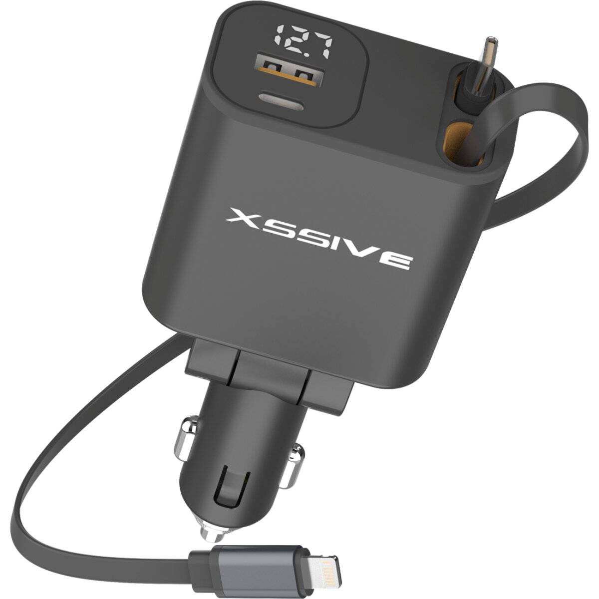 Xssive PD 45W Auto Ladegerät mit zwei ausziehbarem 70 cm Kabel kompatibel mit iPhone / Type-C