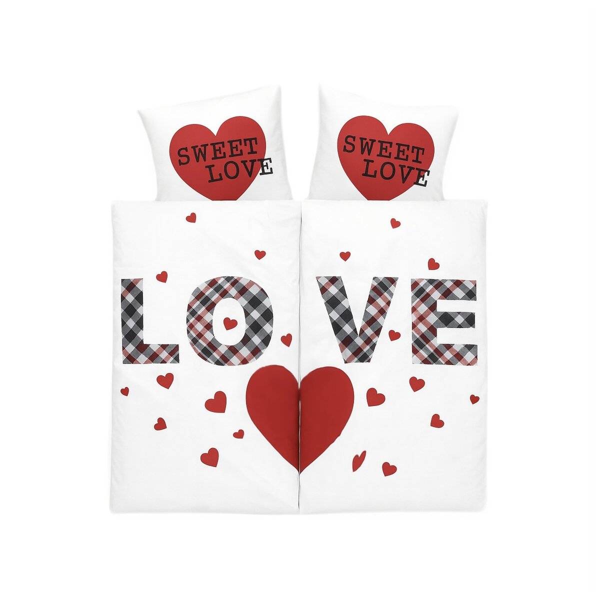 Mikrofaser-Partnerbettwäsche mit Herzmotiv - 2er Set mit Reißverschluss