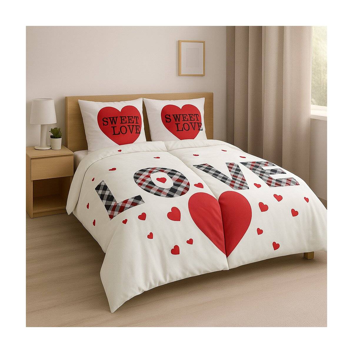 Mikrofaser-Partnerbettwäsche mit Herzmotiv - 2er Set mit Reißverschluss