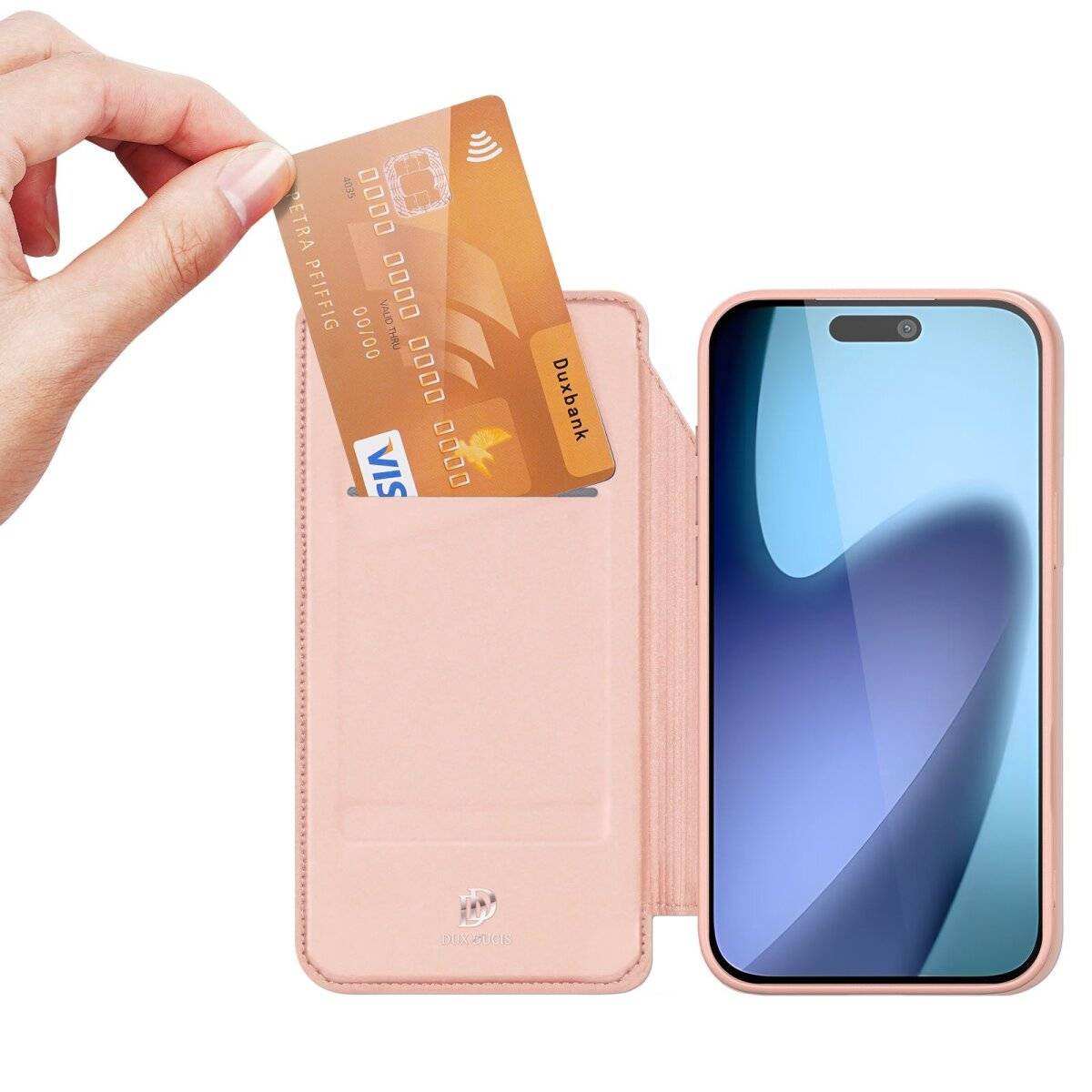 Dux Ducis Klapphülle mit Standfunktion Handyhülle mit Rundumschutz und Kartenfach kompatibel mit iPhone 17 Rosa