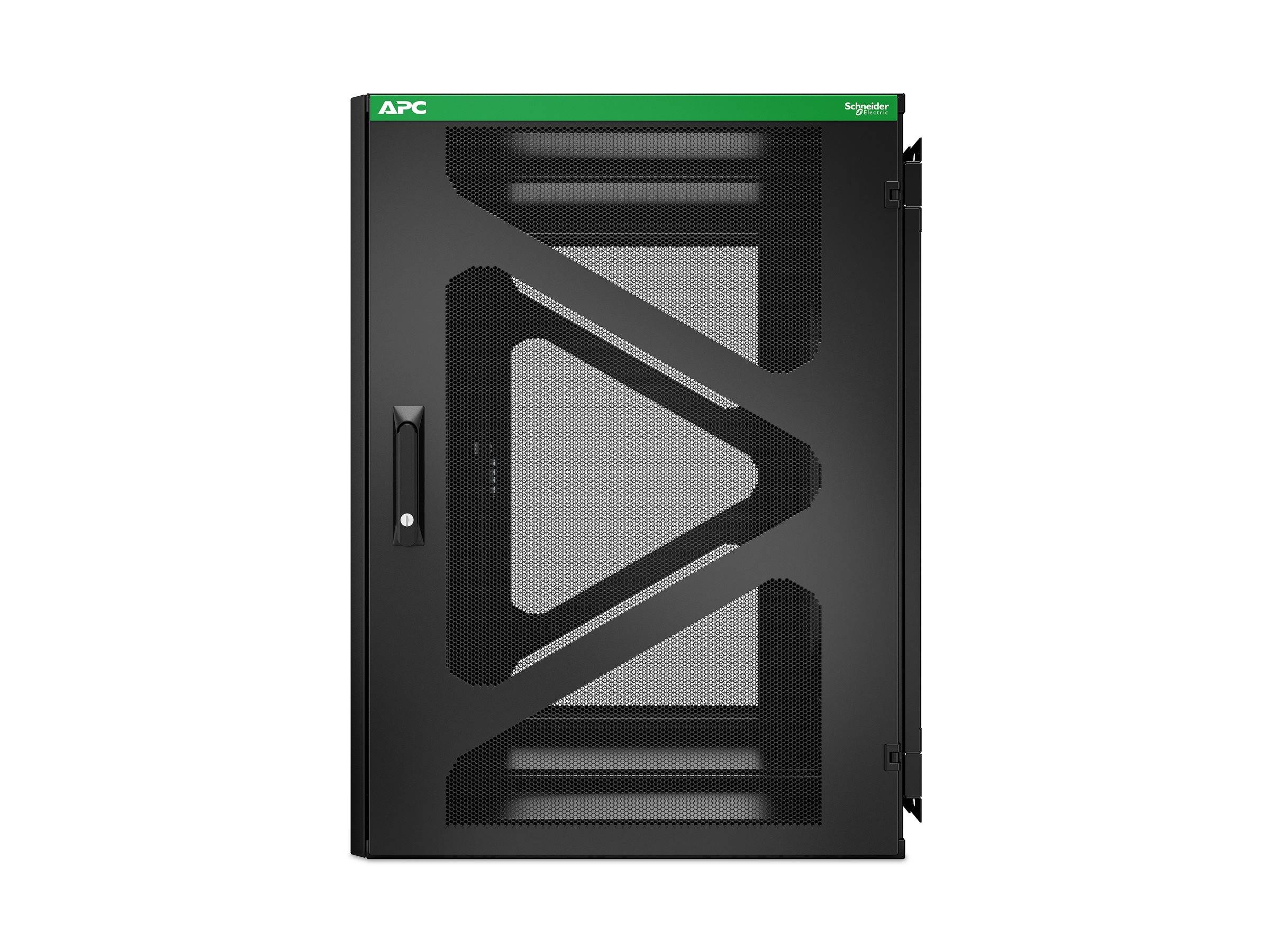 Schwarze APC-Gerätegehäusetür von Schneider Electric mit Meshpanel und diagonaler Verstärkung, Vorderansicht auf weißem Hintergrund dargestellt.