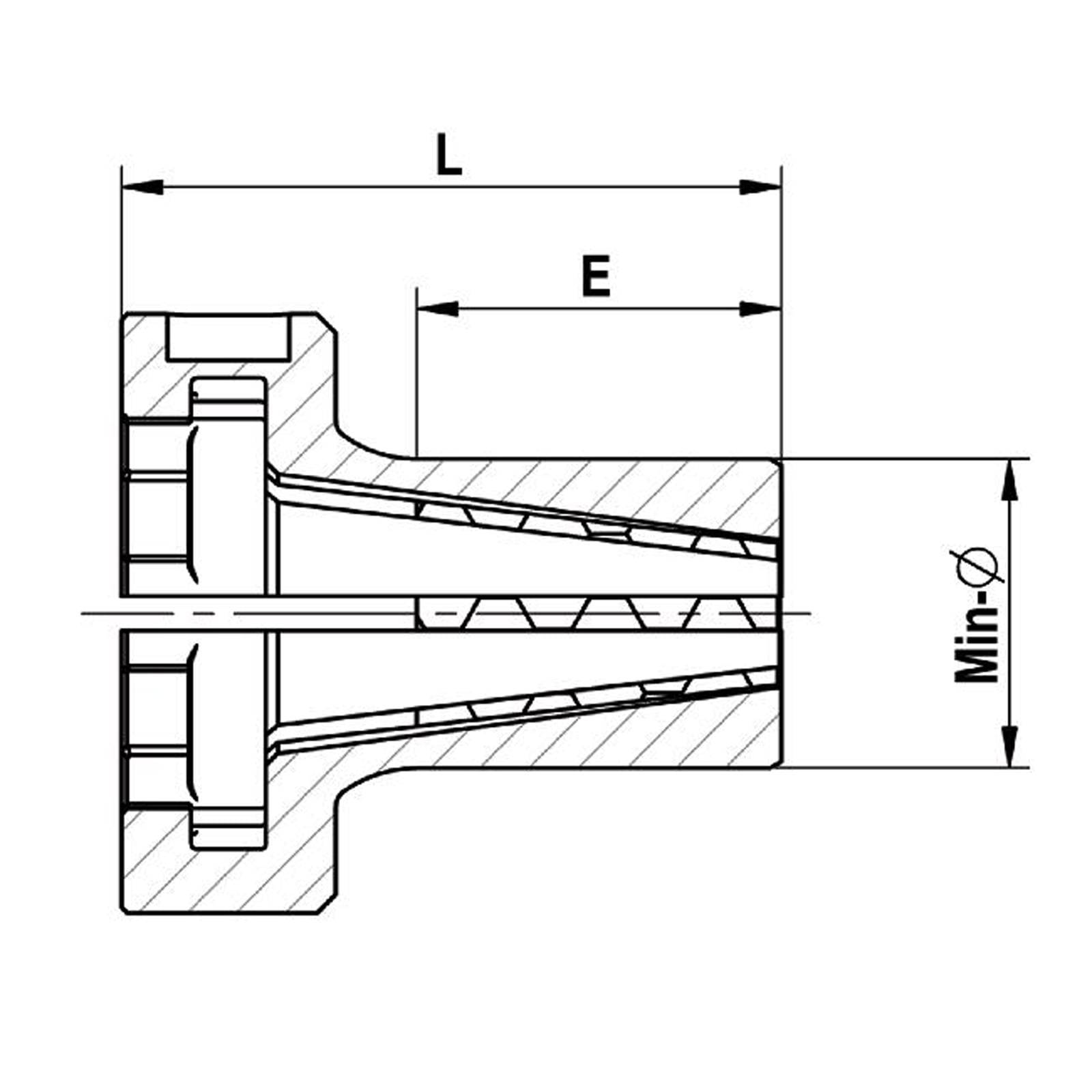 Querschnittsdiagramm einer mechanischen Komponente mit den Abmessungen L, E und Min Ø sowie gekennzeichneten radialen Schnitten und innerer Struktur.