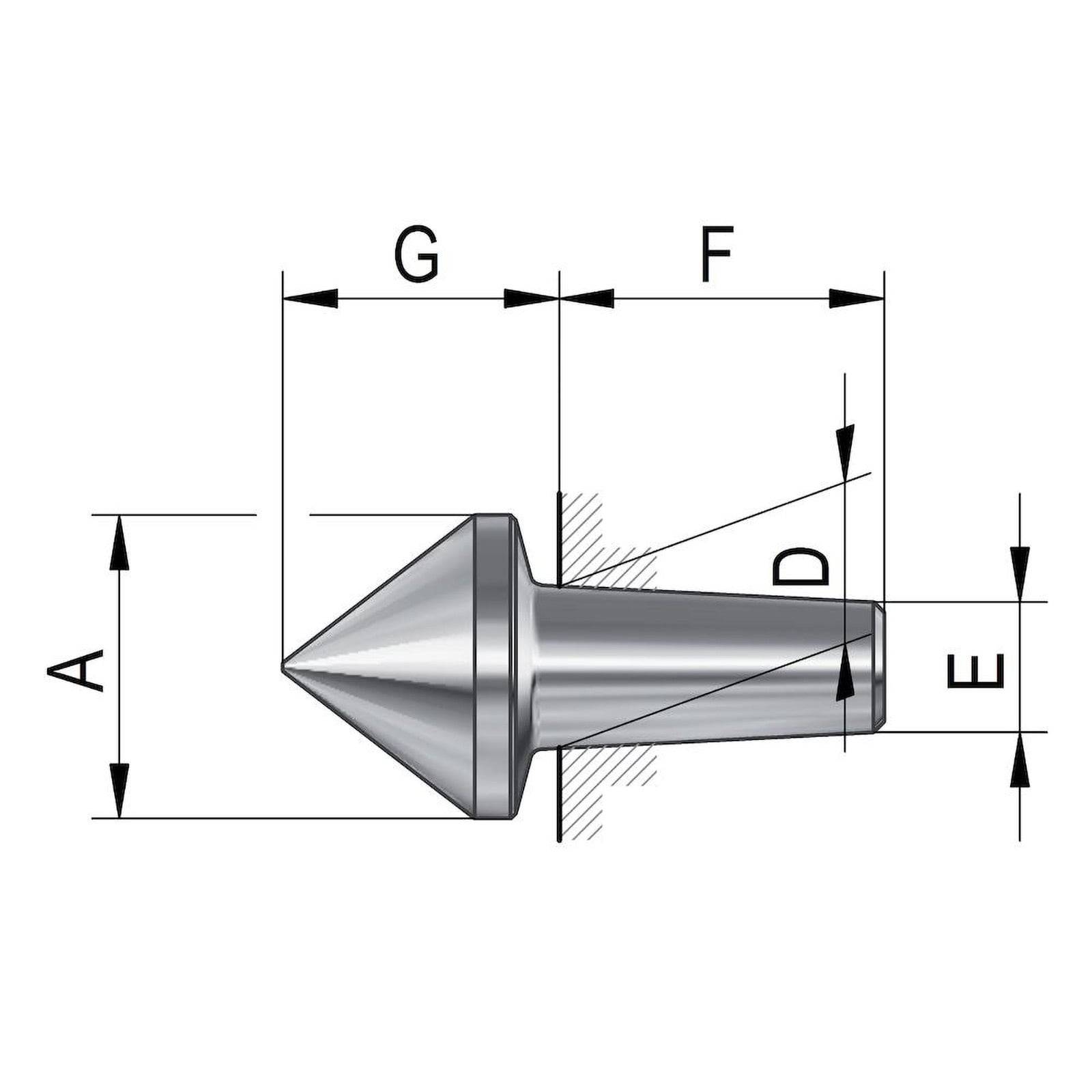 Technische Zeichnung eines konischen Werkzeugs mit beschrifteten Abmessungen: A, G, F, D und E, die detaillierte Messungen für die Konstruktion zeigen.