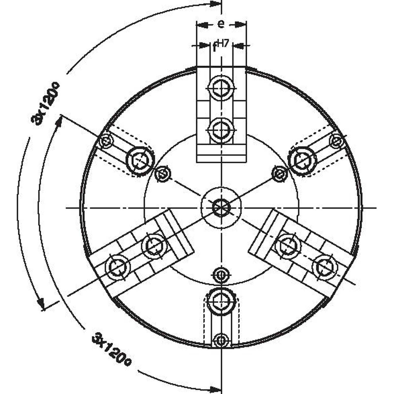 Technische Zeichnung eines kreisförmigen mechanischen Bauteils mit Schraubenlöchern und Maßangaben, zeigt drei Segmente im Abstand von 120 Grad für Strukturkomponenten.