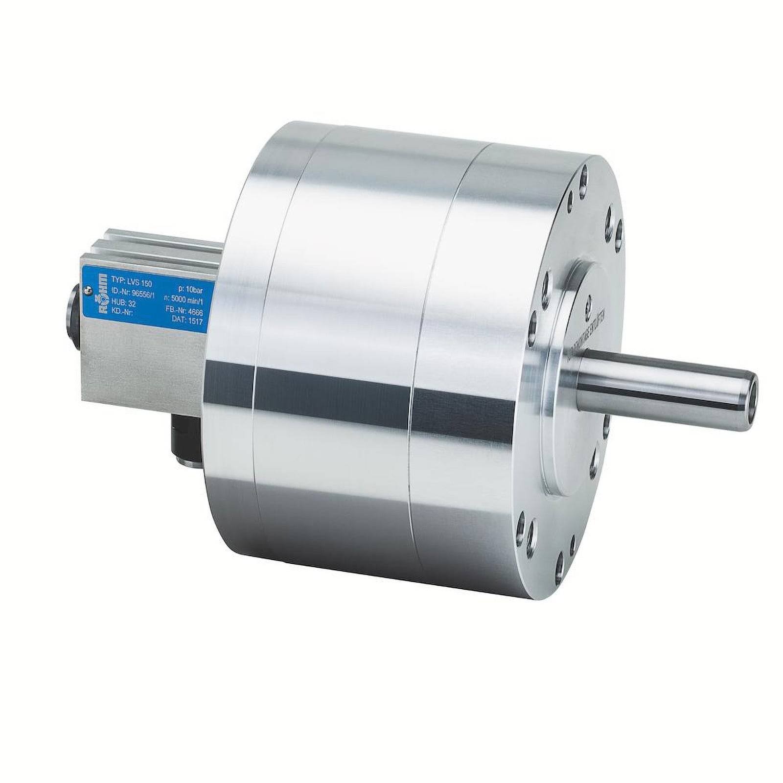 Ein zylindrischer Metallgetriebemotor mit einem blauen Etikett auf der Seite, das mehrere silberfarbene Bolzen rund um seine Vorderkante aufweist.