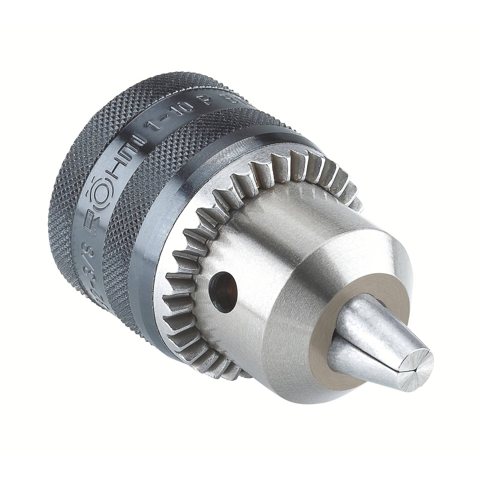 Ein Metallbohrfutter mit strukturierter Grifffläche und Zahnrad, das zum Sichern von Bohrern in Elektrowerkzeugen verwendet wird.