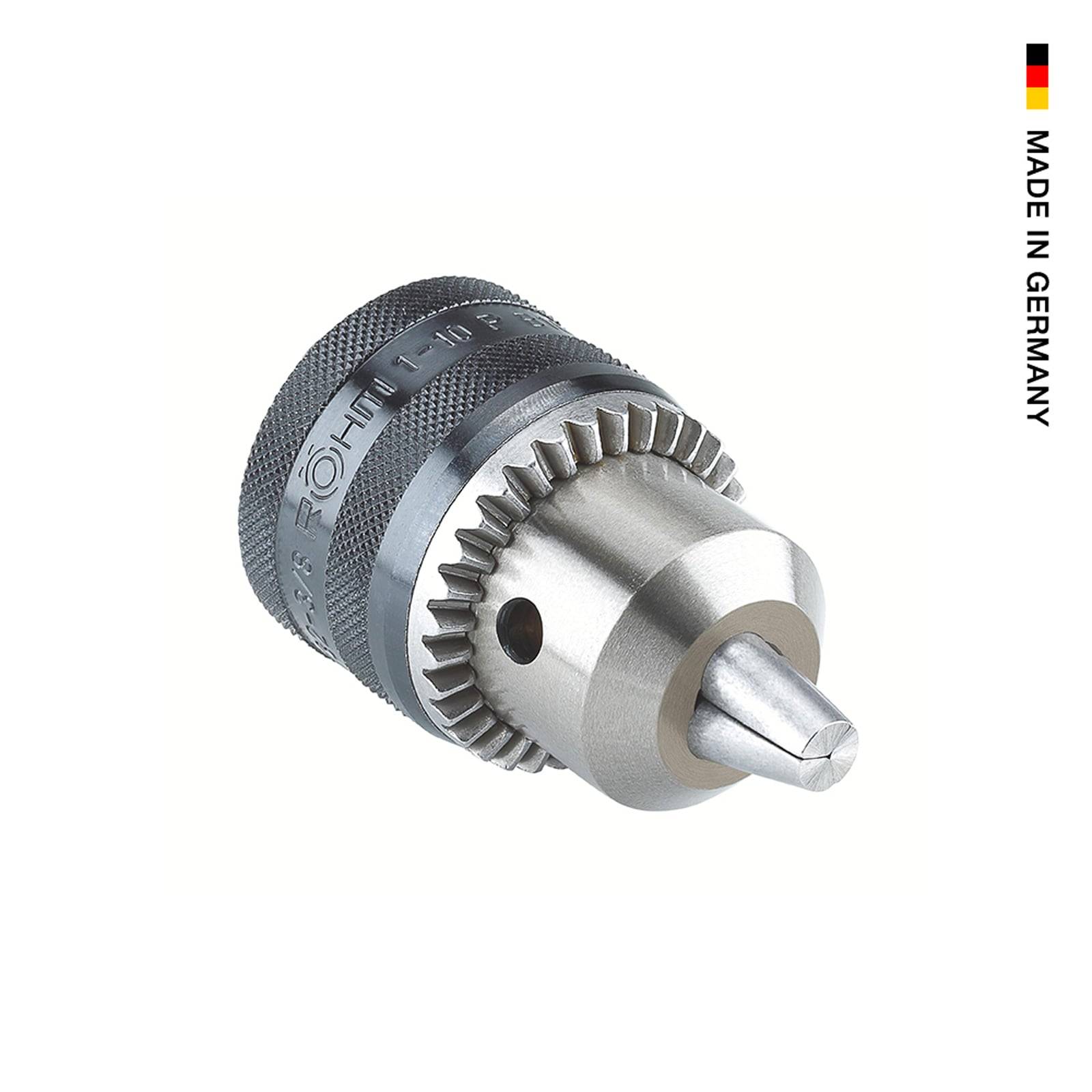 Ein Metallbohrfutter mit strukturierter Griffoberfläche und gezahntem Verstellring. Der Text 'MADE IN GERMANY' verläuft vertikal auf der rechten Seite.
