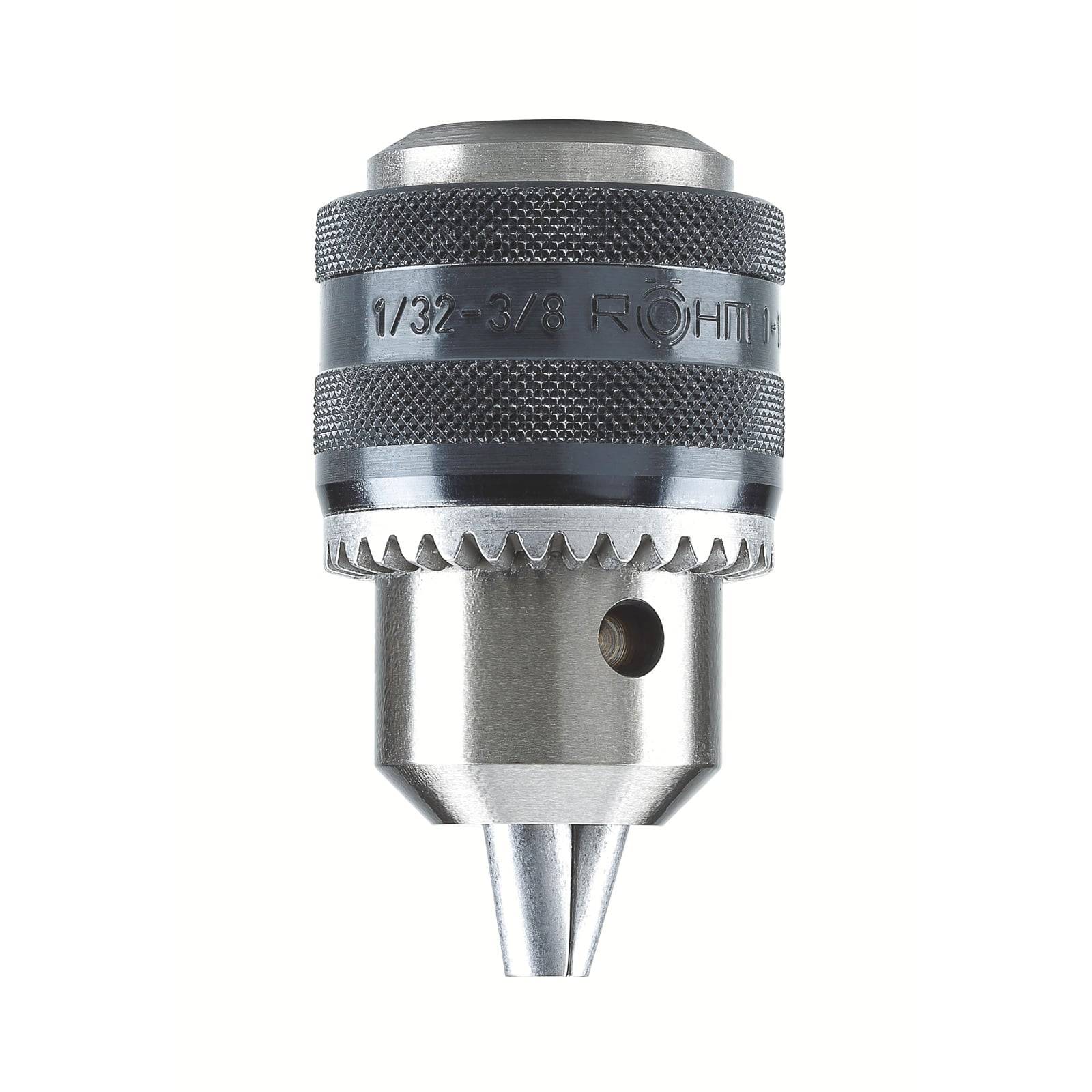 Ein Metallbohrfutter mit gerilltem Griff, beschriftet mit „1/32-3/8