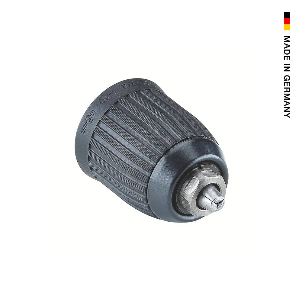 Ein schwarzer Bohrfutter mit geripptem Griff, das Langlebigkeit betont. Eine kleine deutsche Flagge und der Text „MADE IN GERMANY