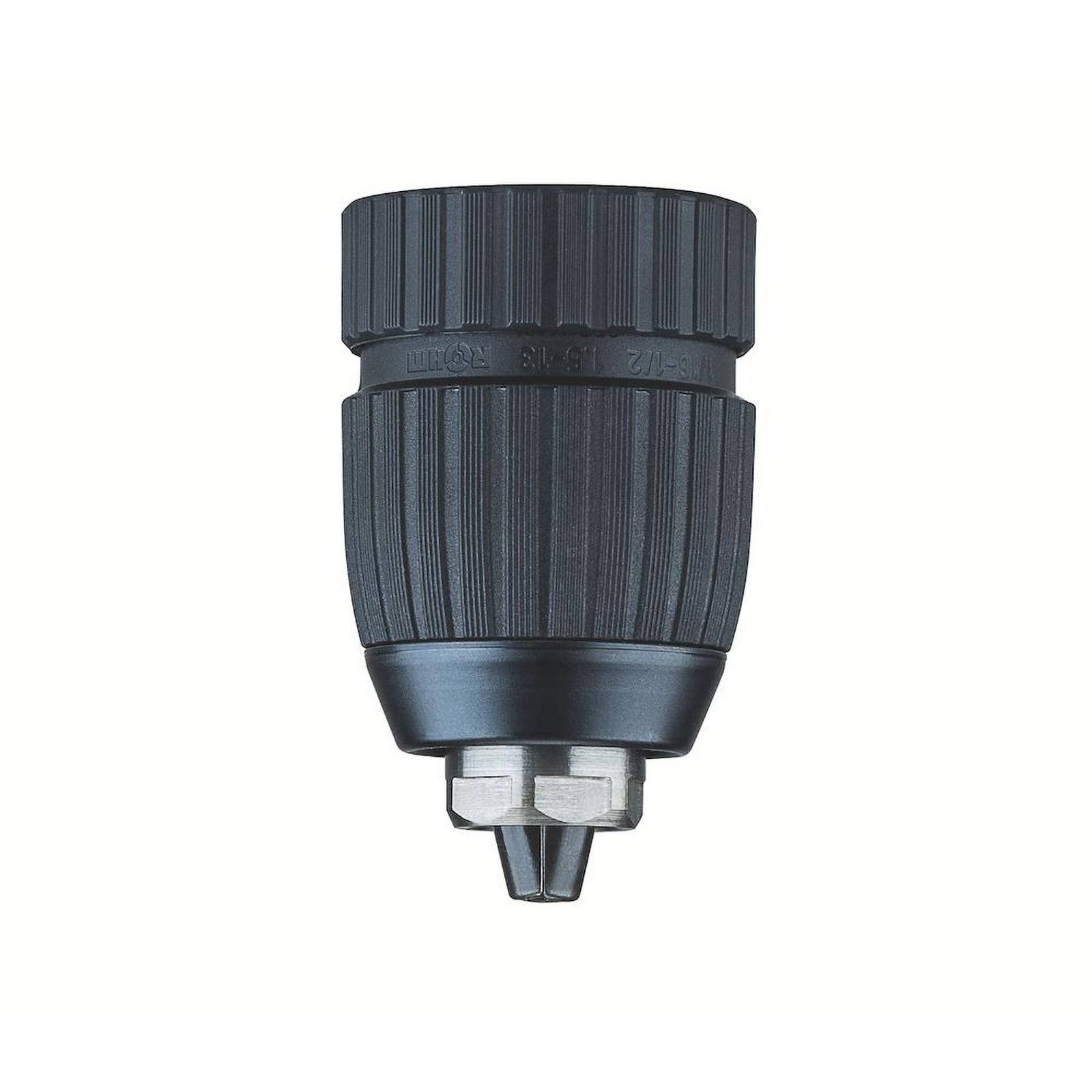 Ein schwarzes Bohrfutter mit gerippter Oberfläche, entwickelt um Bohraufsätze sicher zu halten. Es hat eine Metallspitze und eine zylindrische Form.