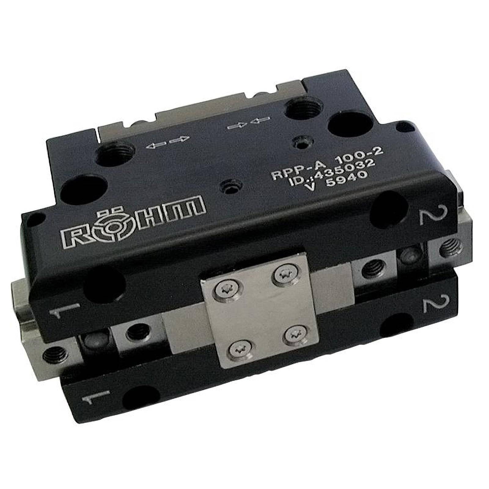 Pneumatischer Greifer mit Modell 'RPP-A 100-2'. Zu den Merkmalen gehört der Doppelkolbenbetrieb zum Greifen und Handhaben in Automatisierungsaufbauten.