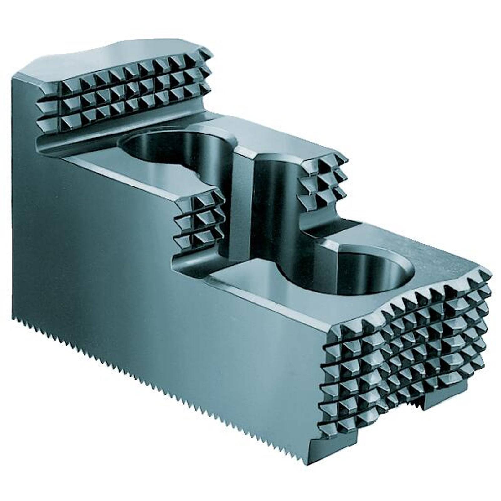 Ein Nahaufnahmebild einer Stahlklemme mit Sägezahnprofil, die typischerweise in Maschinenschraubstöcken verwendet wird und ihre strapazierfähigen Zähne sowie robustes Design zum sicheren Greifen von Materialien zeigt.