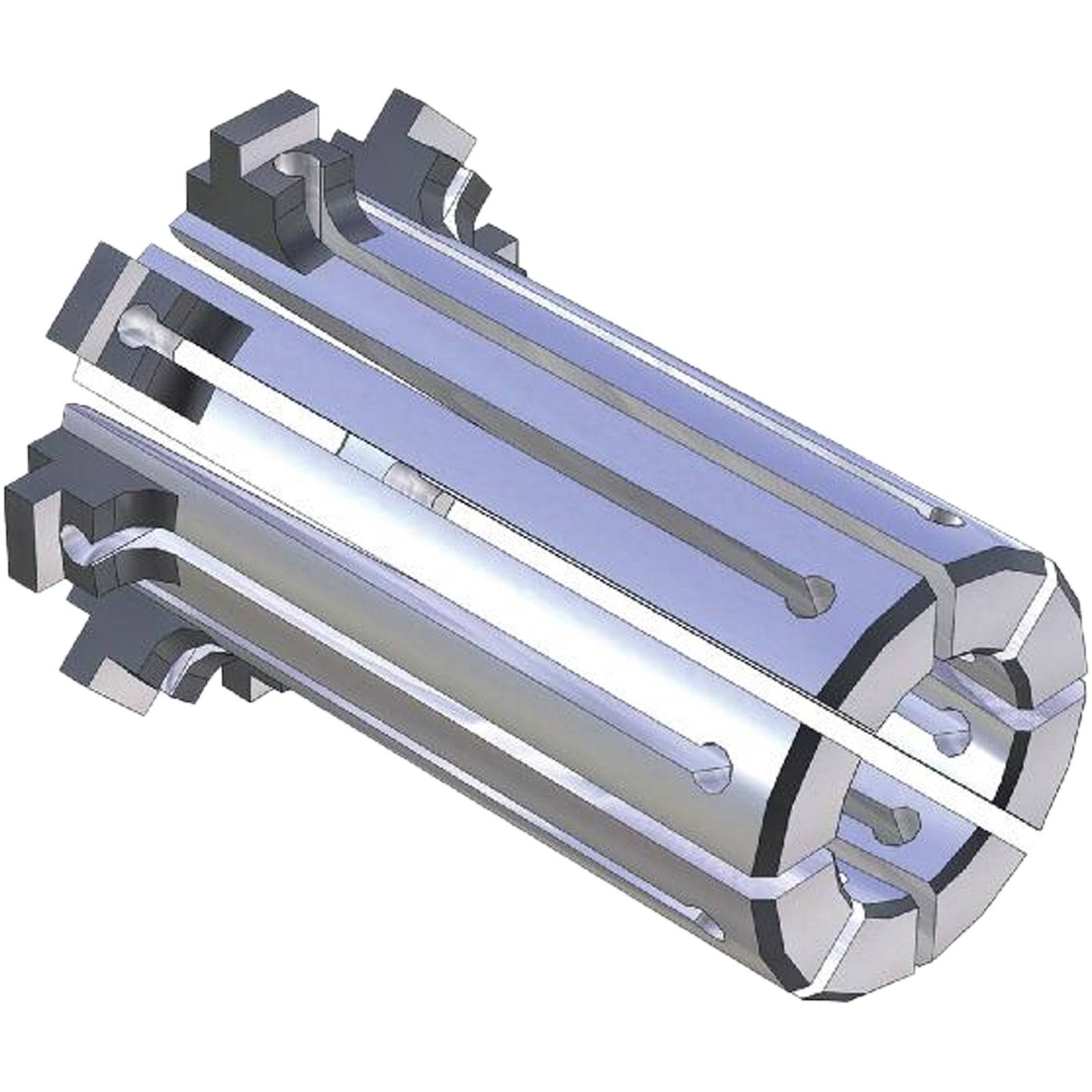 Eine 3D-Darstellung eines metallischen zylindrischen Maschinenteils mit Rillen und Nuten, wahrscheinlich für Ingenieurwesen oder Fertigung bestimmt.