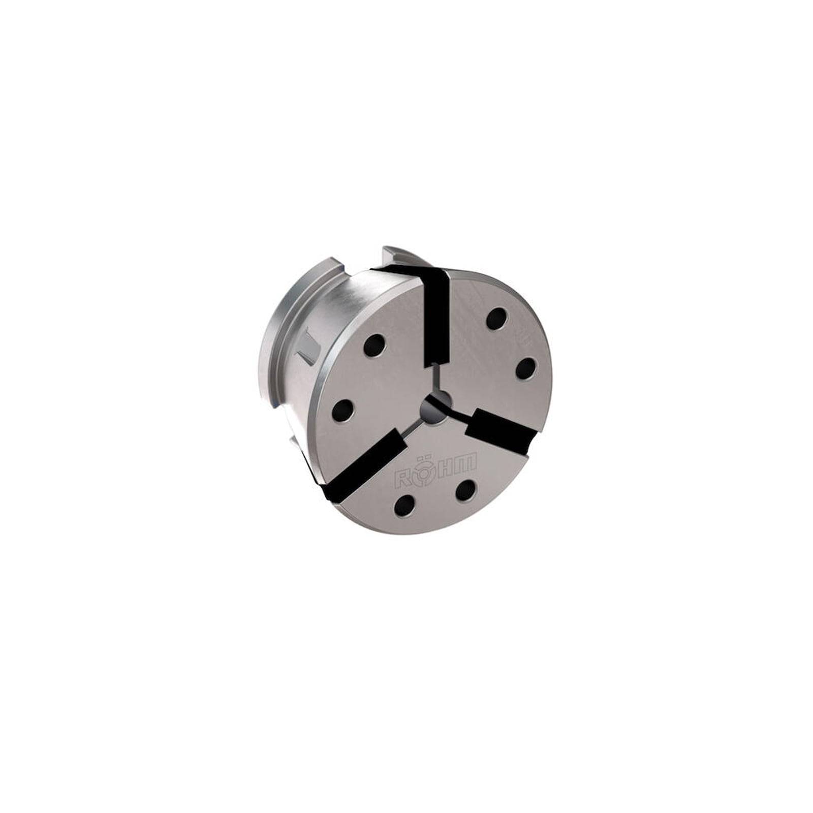 Ein silbernes Mehrbacken-Metallspannfutter-Werkzeug zum Sichern von Objekten beim Bearbeiten, mit fünf gleichmäßig verteilten Backen um eine kreisförmige Basis.