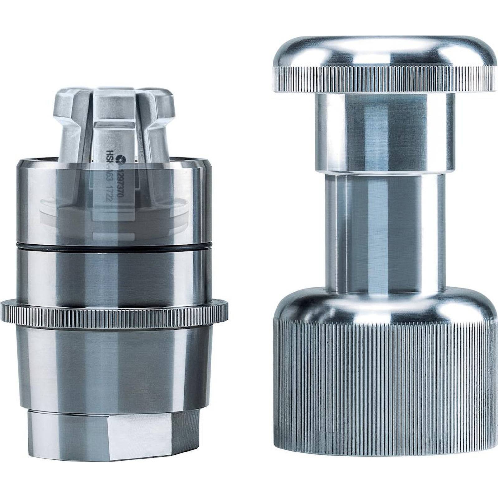 Zwei Edelstahlkomponenten mit mechanischer Funktion, eine mit einer komplexen Oberseite und die andere mit einem glatten, abgerundeten Griff, beide für den industriellen Einsatz konzipiert.