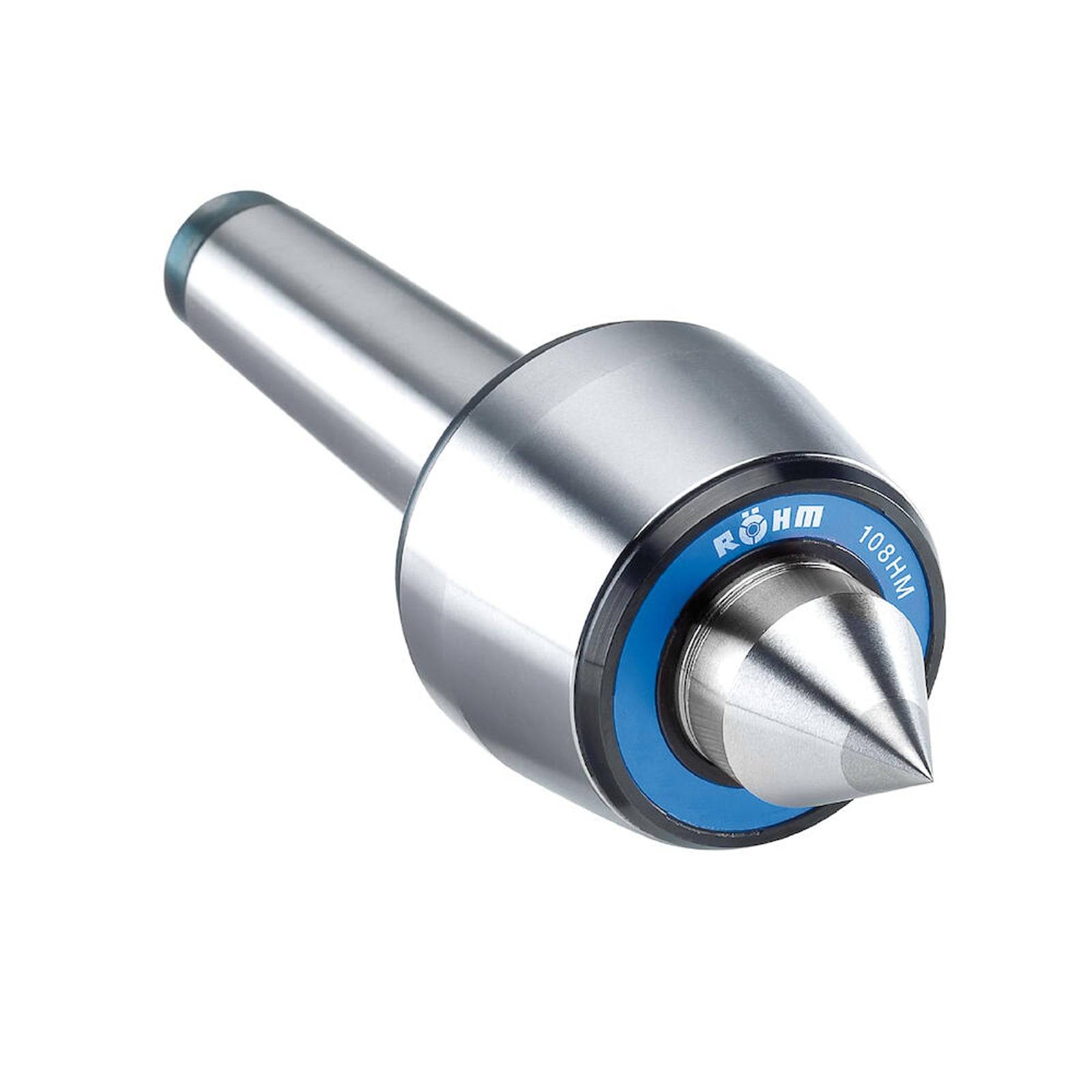 Ein präzisions-bearbeitetes Metallwerkstück mit konischer Spitze und zylindrischer Basis, gekennzeichnet mit 'ROHM 108 HM', verwendet zur Unterstützung von Werkstücken.