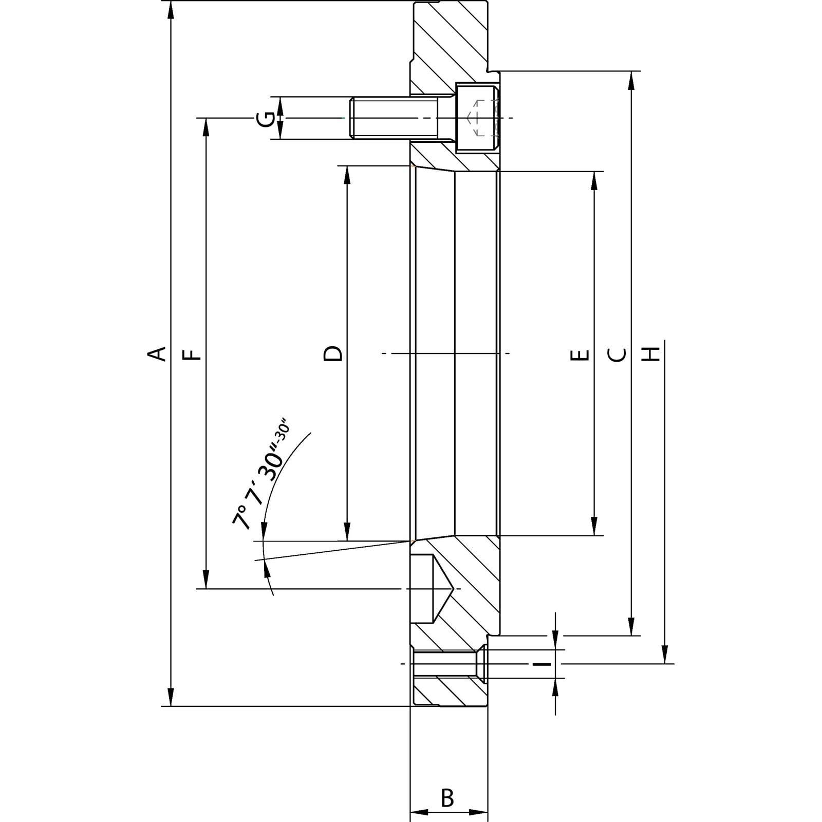 Technische Zeichnung eines mechanischen Bauteils mit Abmessungen. Zeigt Seitenansicht mit gekennzeichneten Messwerten: A=F, B, C, D, E, G, H; Winkel gekennzeichnet 7°±30'. Hervorgehobene Querschnitte.