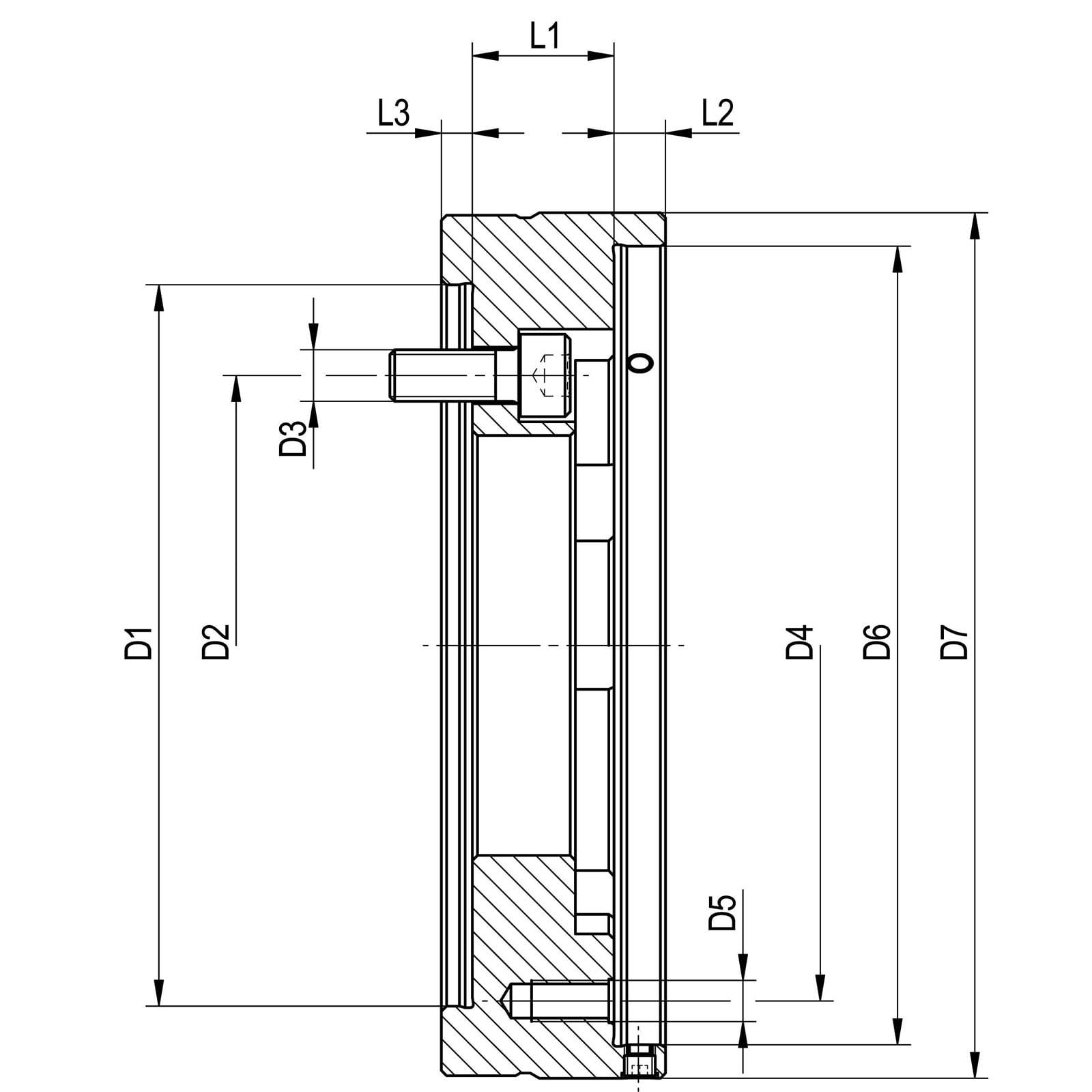 Technisches Diagramm einer mechanischen Komponente mit gekennzeichneten Abmessungen L1, L2, L3, D1, D2, D3, D4, D5, D6 und D7, das Teilspezifikationen zeigt.