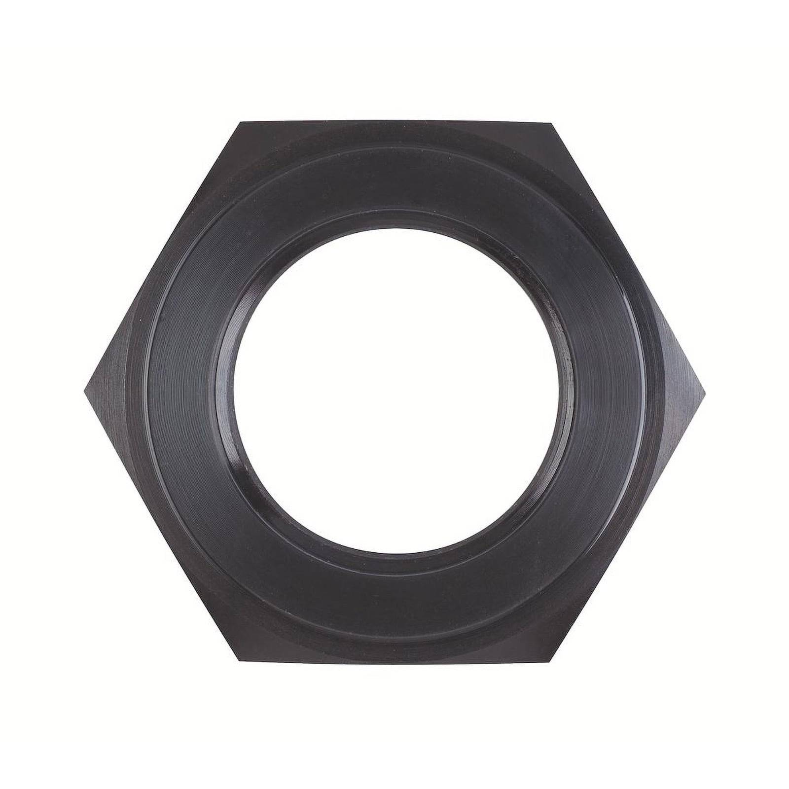 Ein großer, flacher, schwarzer sechseckiger Metallbund mit einer zentralen kreisförmigen Öffnung, der zum Sichern von Verbindungen in mechanischen Baugruppen verwendet wird.