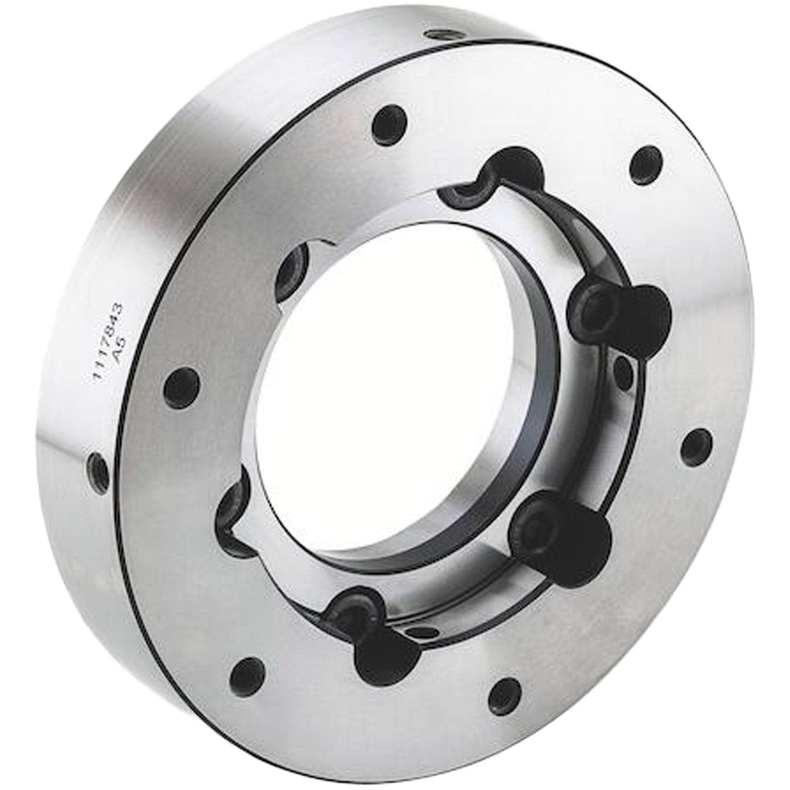 Eine kreisförmige metallische mechanische Komponente mit mehreren Löchern und Bolzen, die zum Befestigen oder Verbinden von Teilen in Maschinen verwendet wird.