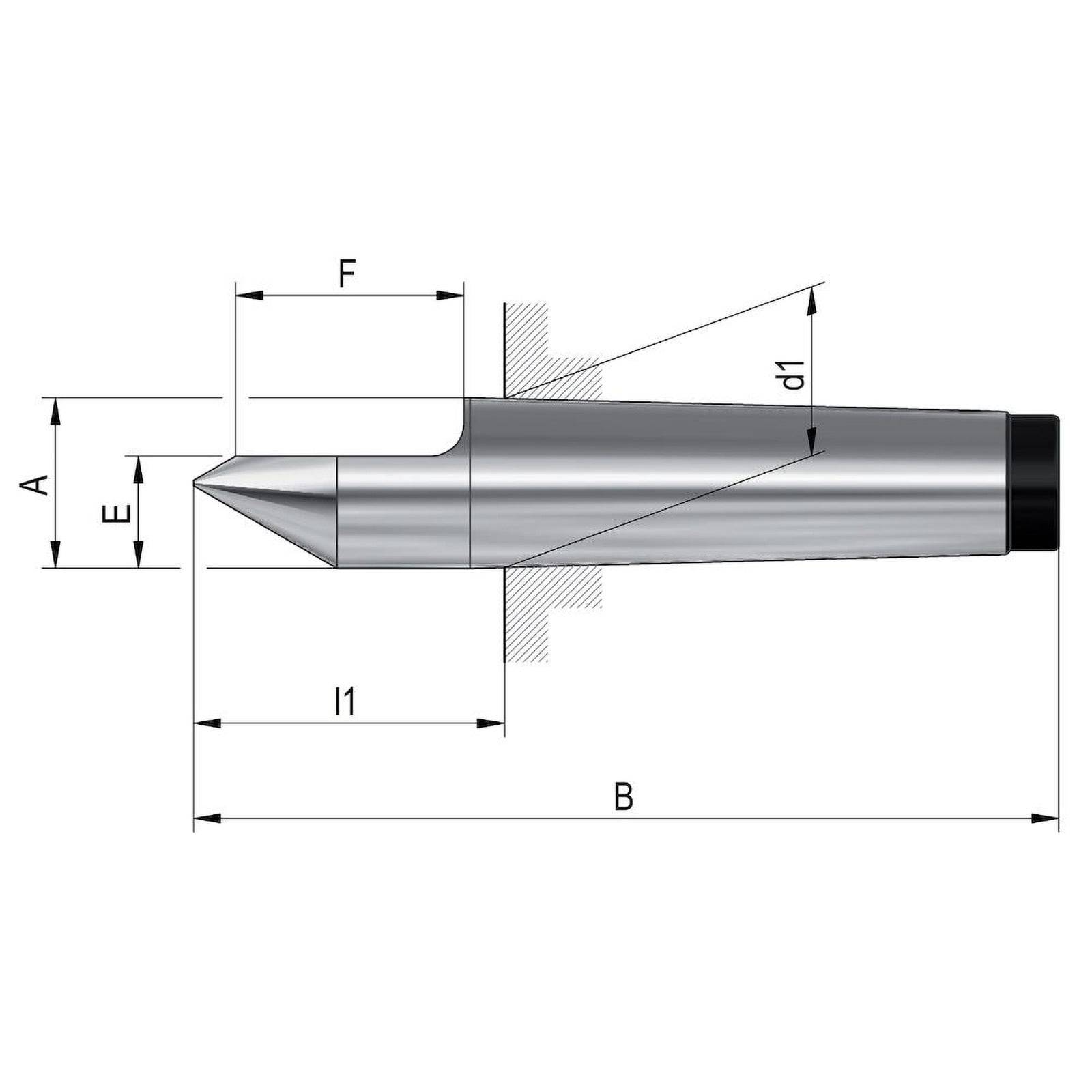 Diagramm einer konischen zylindrischen Komponente mit beschrifteten Abmessungen: A, E, F, l1 und B. Ein Querschnitt zeigt einen Gewindeabschnitt mit der Bezeichnung d1.