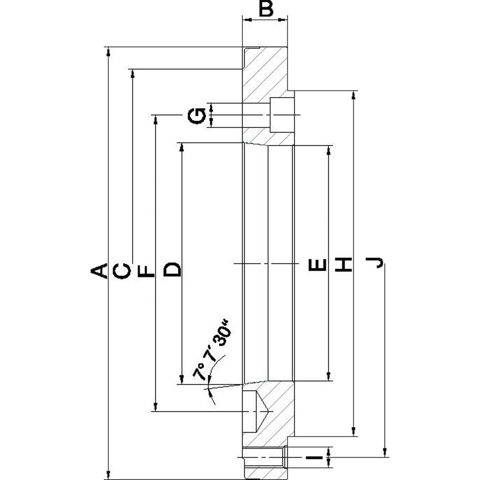 Eine technische Zeichnung eines mechanischen Bauteils mit verschiedenen Abmessungen und Winkeln, einschließlich Messwerte mit den Bezeichnungen A bis J und einem Winkel von 7°30'.