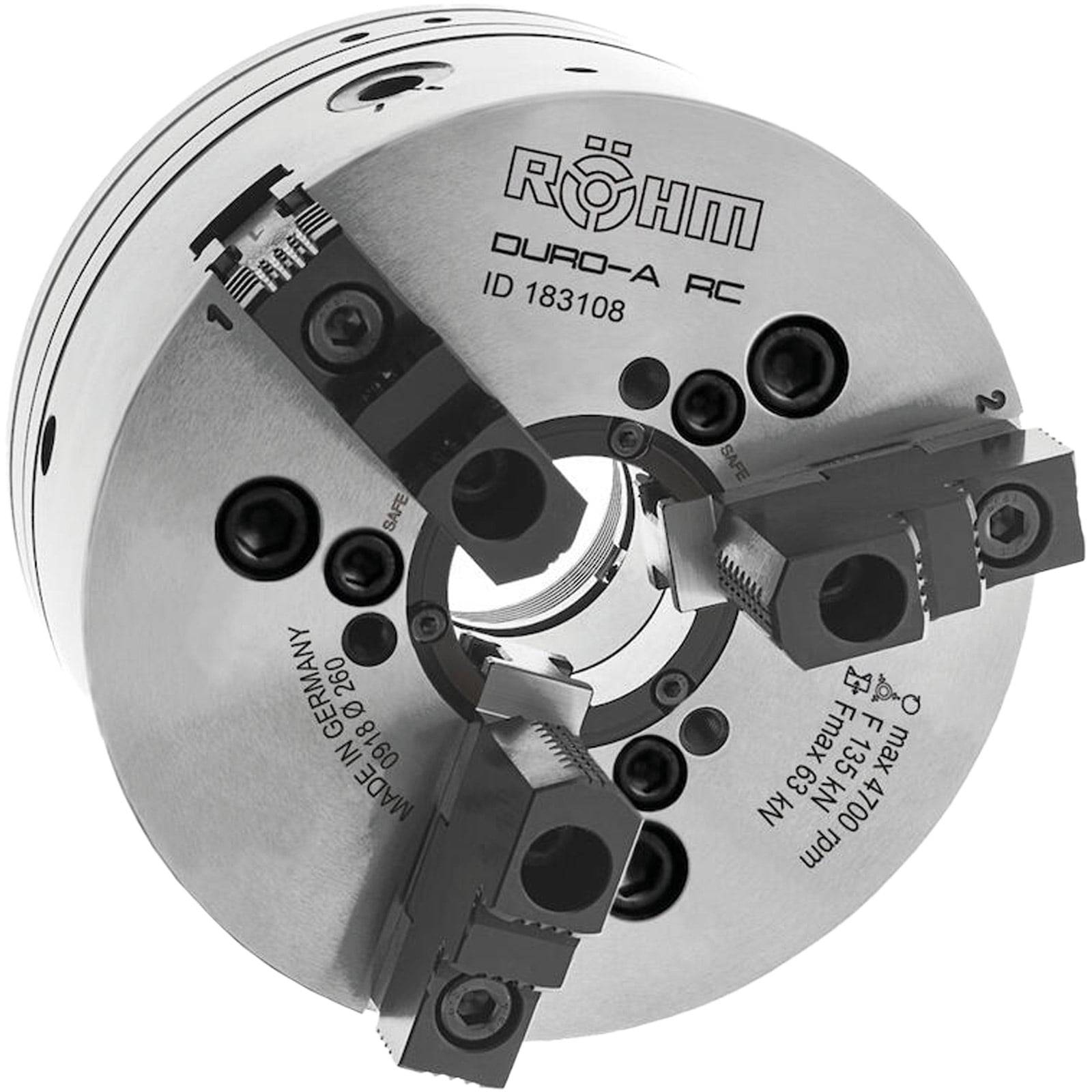 Ein Metalldreh- und Spannfutter mit drei verstellbaren Backen, gekennzeichnet mit Text einschließlich „RÖHM DURO-A RC