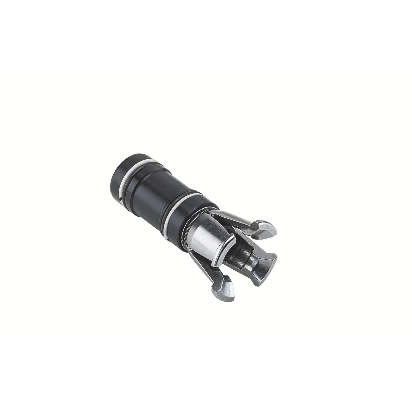 Ein kleiner, schwarz-silberner metallischer zylindrischer Gegenstand mit einer zweiflügeligen Spitze, möglicherweise ein Elektrowerkzeug oder eine Industriekomponente.