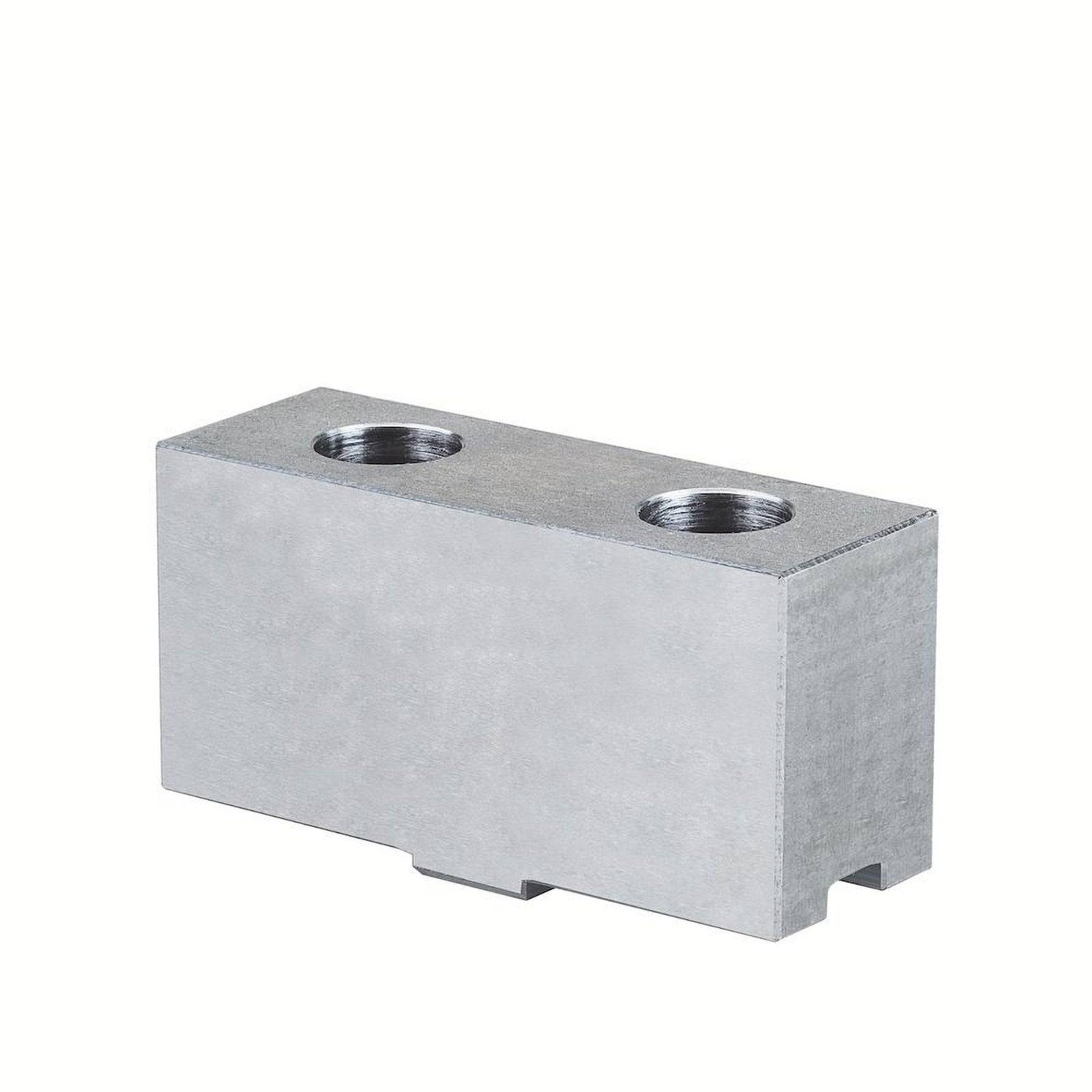 Ein rechteckiger Silbermetallblock mit zwei Gewindelöchern auf der Oberseite, wahrscheinlich für industrielle oder mechanische Zwecke bestimmt.