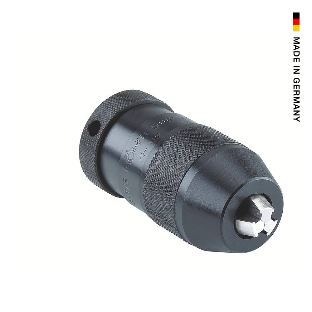 Ein schwarzer Metallbohrfutter mit strukturierter Griffoberfläche und der Aufschrift „MADE IN GERMANY