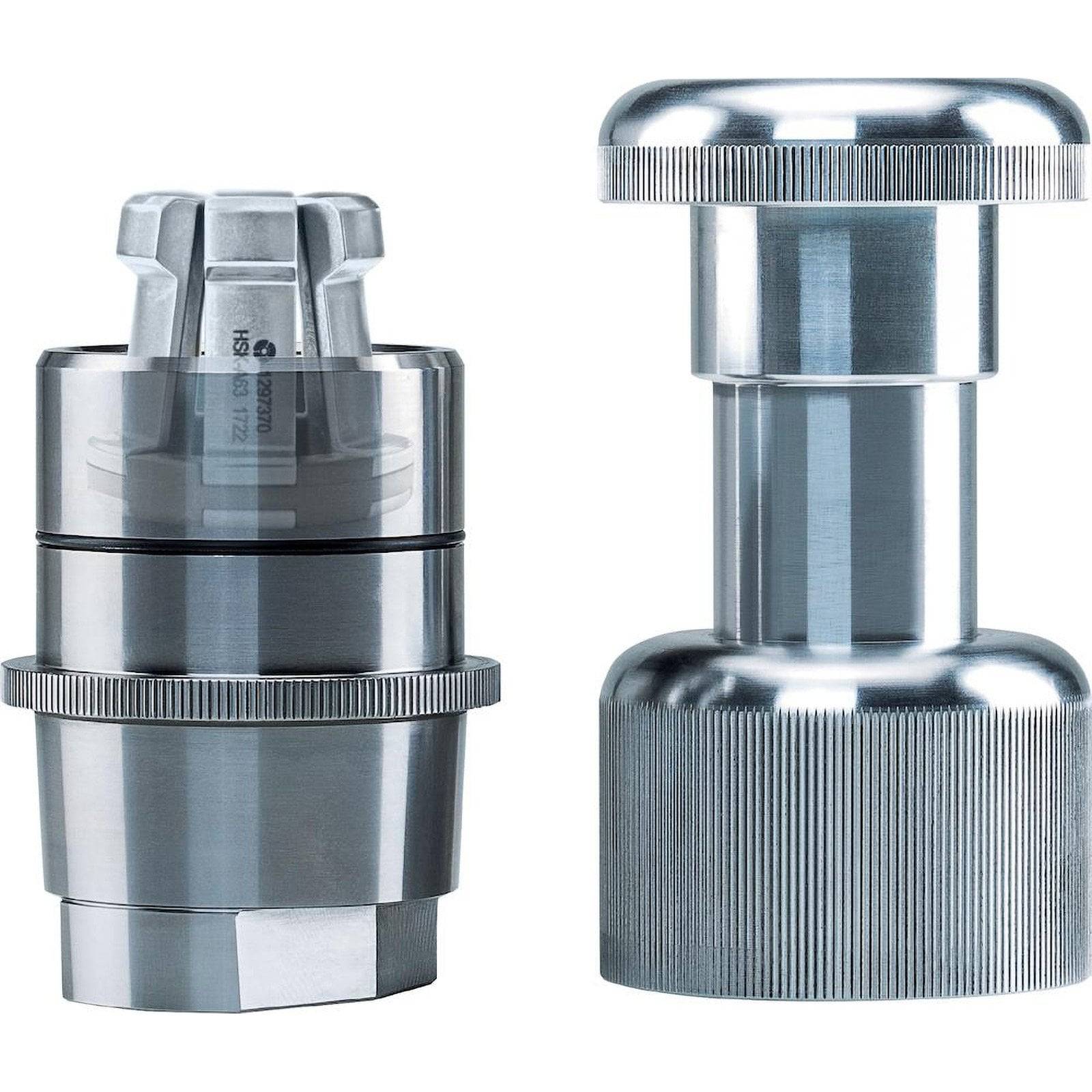 Zwei Edelstahl-Espresso-Kaffeestampfer-Sets mit manueller Bedienung und unterschiedlichen Grundflächendesigns, nebeneinander angeordnet und zeigen ihre ergonomischen Griffe.